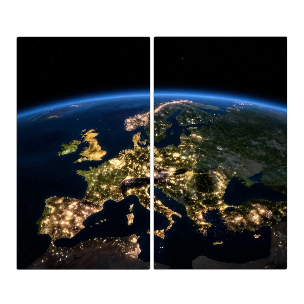 Skleněná ochranná deska za sporák a linku – Evropa v noci | 2 × 30 × 52 cm (sada 2 ks)