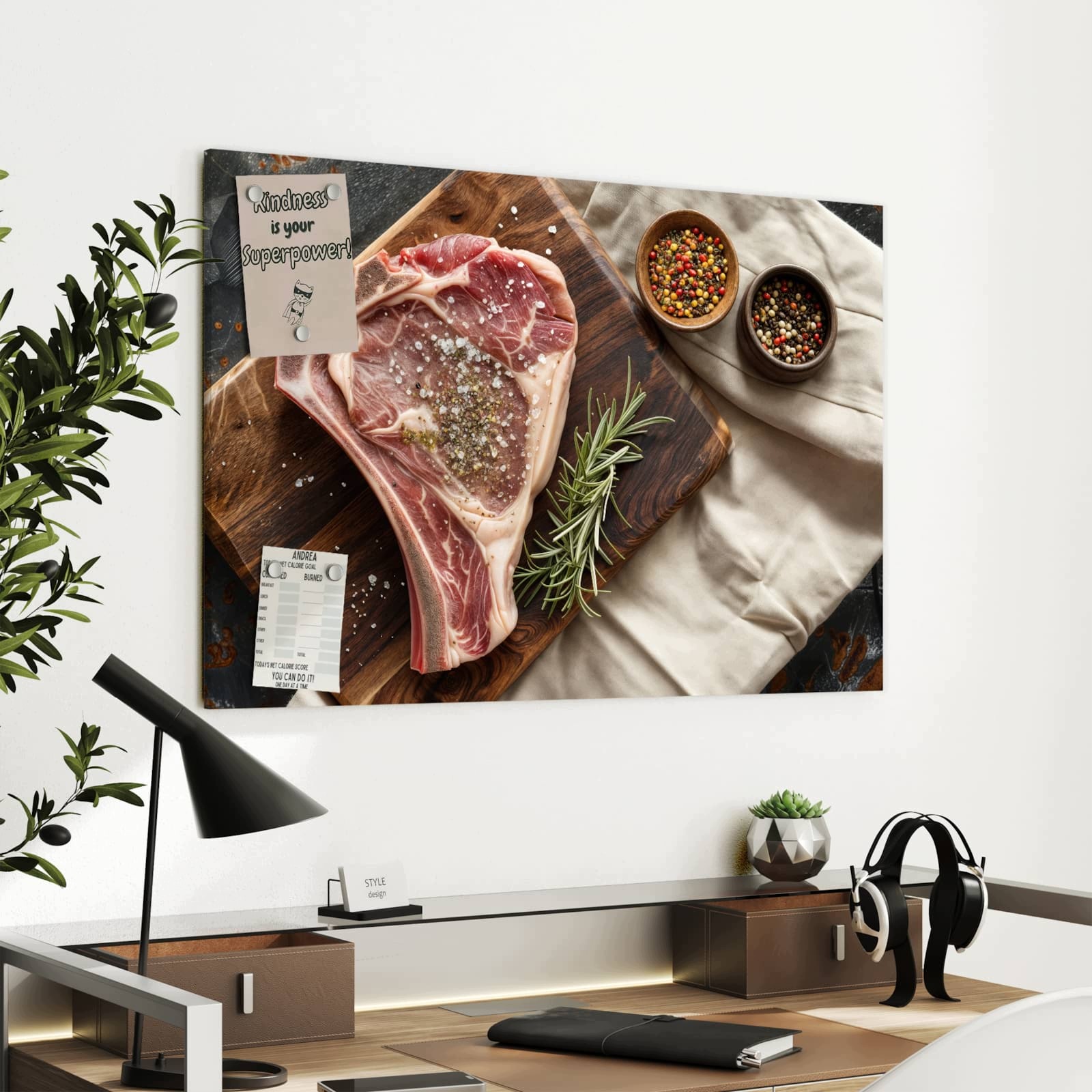 Magnetická tabule – obraz na zeď Steak na dřevěném prkénku | 90 × 60 cm