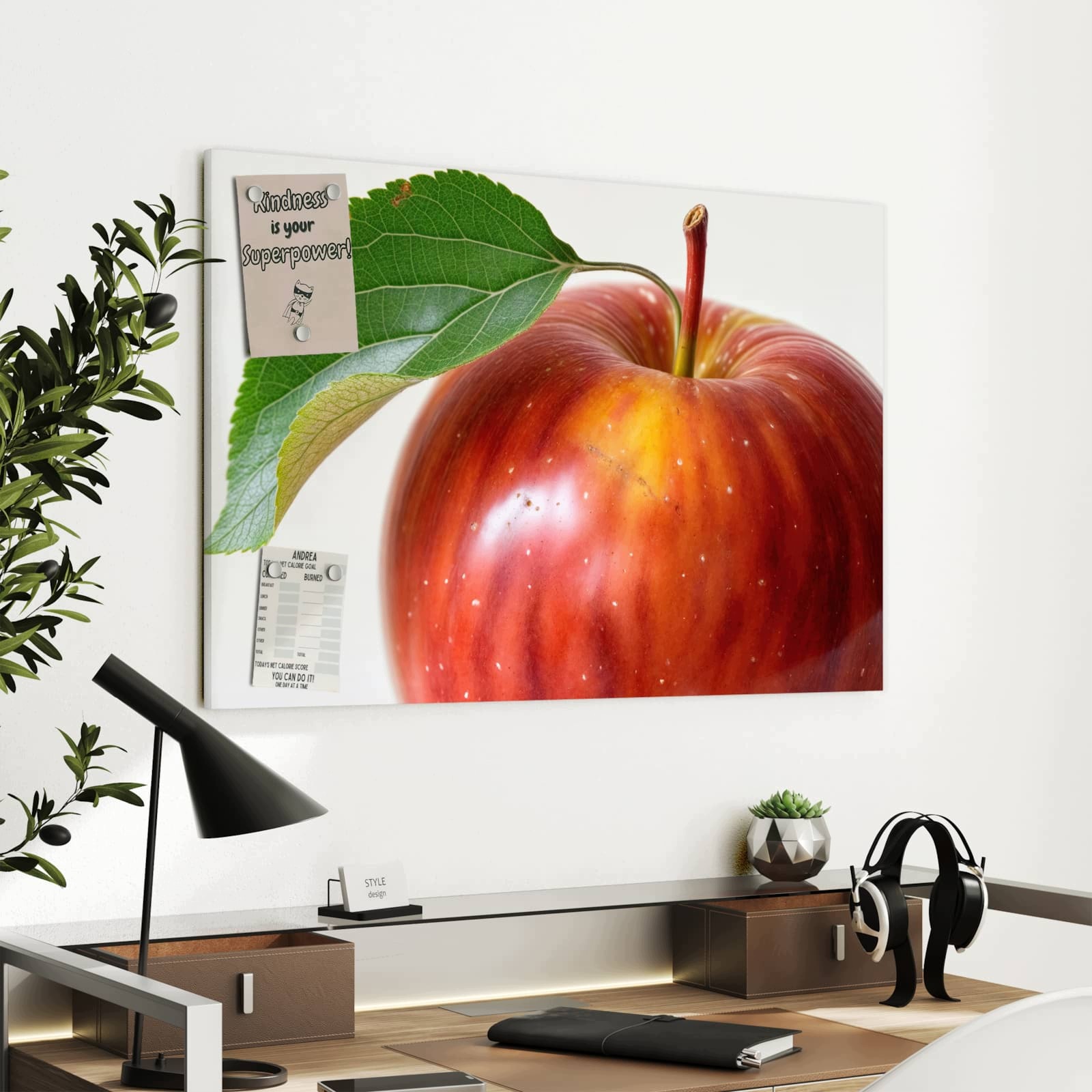 Magnetická tabule – obraz na zeď Červené jablko s listem | 90 × 60 cm