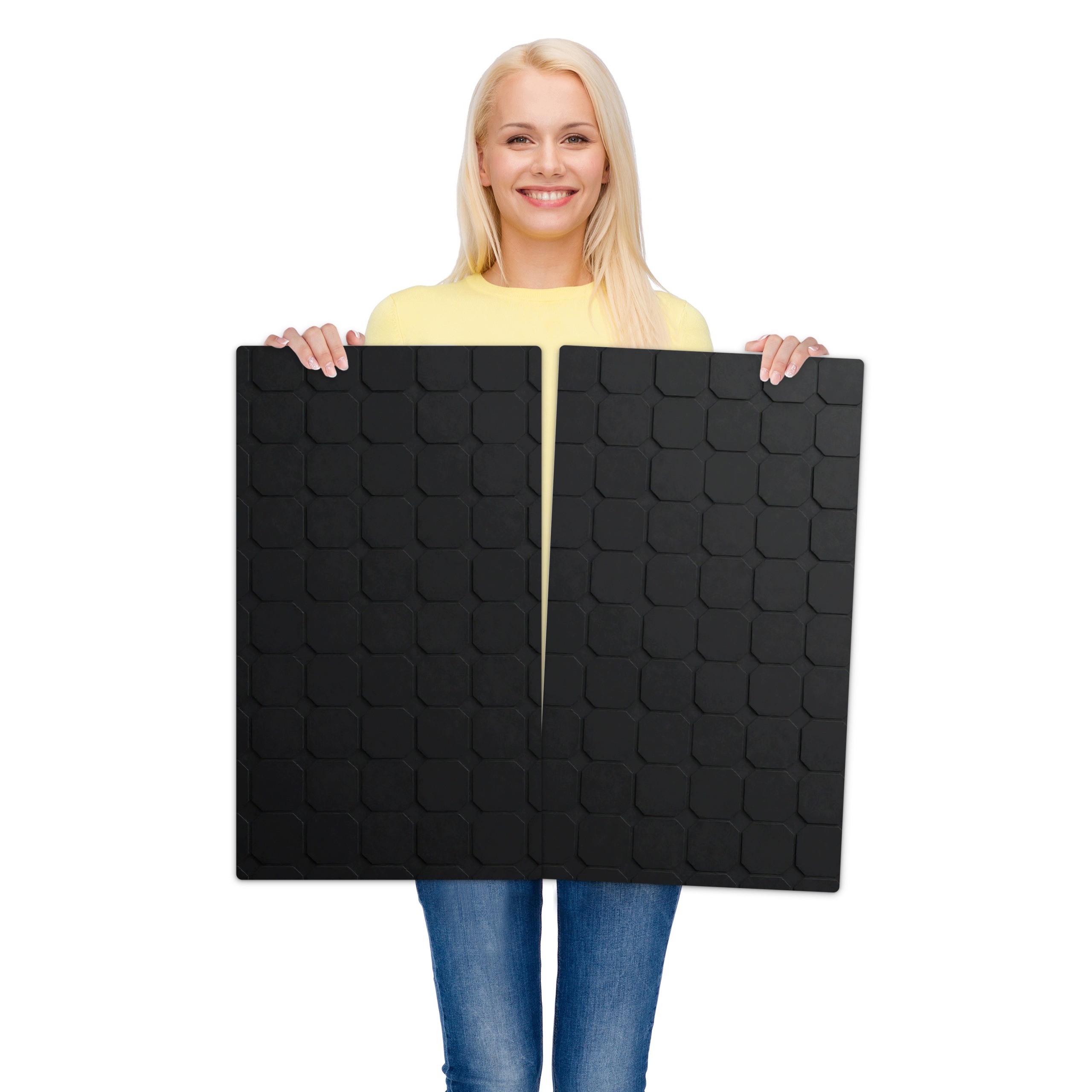 Skleněná ochranná deska za sporák a linku – Černé dlaždice | 2 × 30 × 52 cm (sada 2 ks)