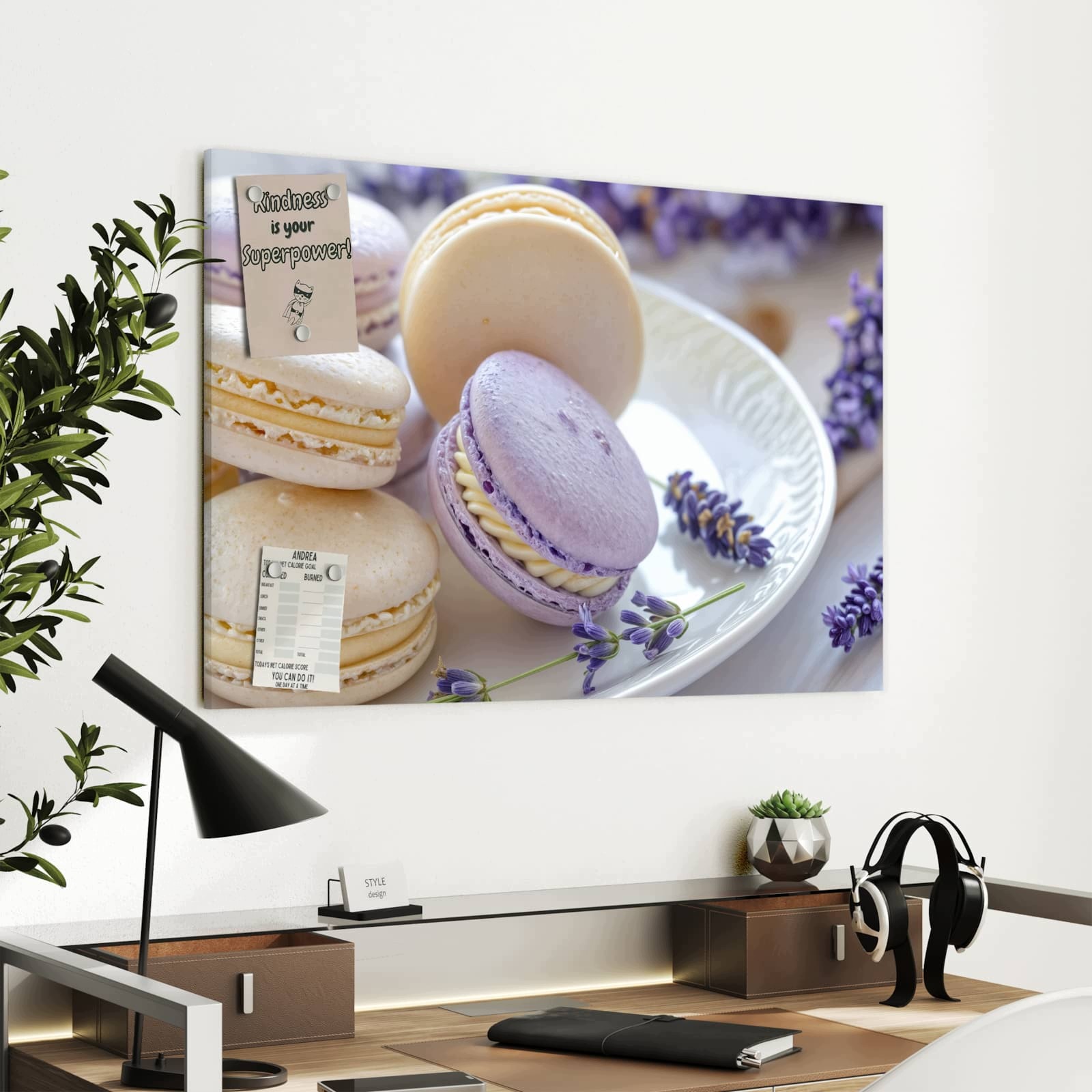 Magnetická tabule – obraz na zeď Levandule a makronky | 90 × 60 cm