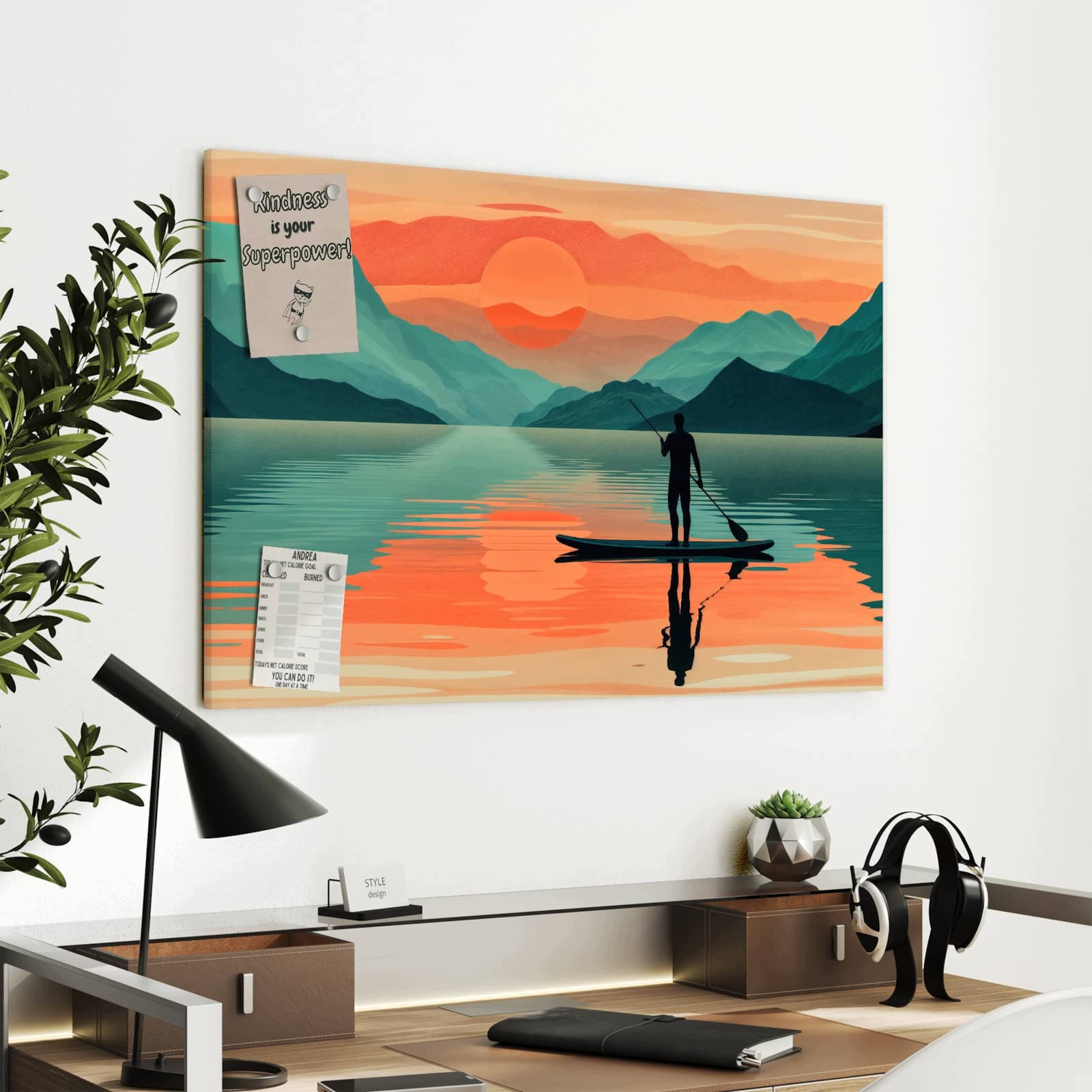Magnetická tabule – obraz na zeď Západ slunce veslař | 90 × 60 cm