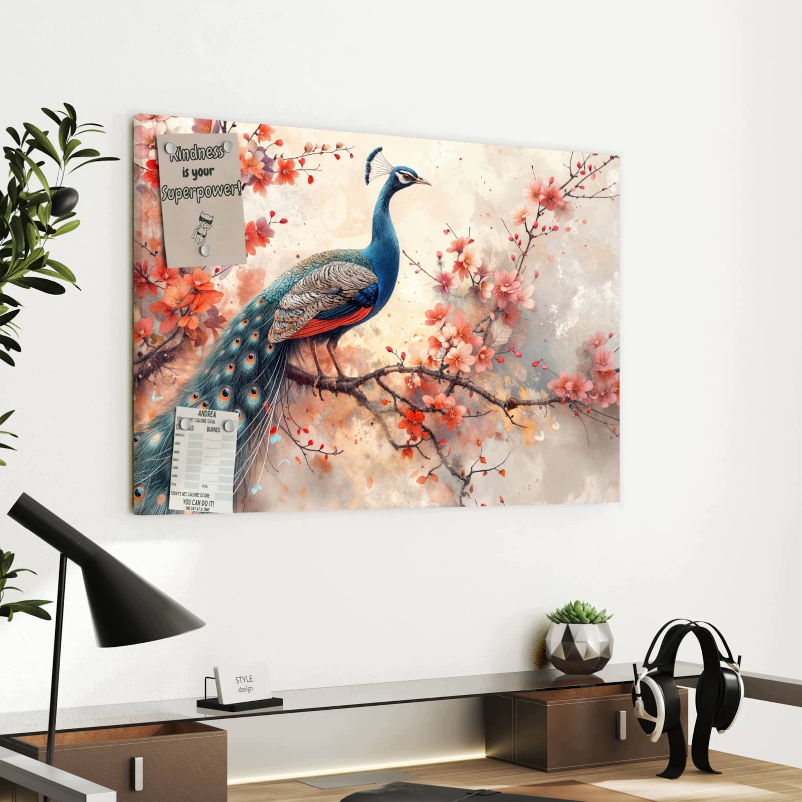 Magnetická tabule – obraz na zeď Páv a květiny | 60 × 40 cm