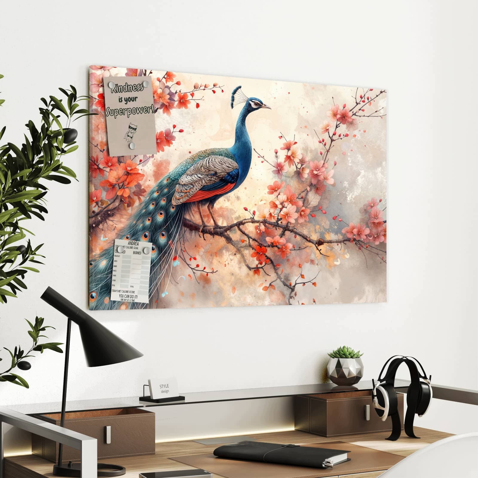 Magnetická tabule – obraz na zeď Páv a květiny | 90 × 60 cm