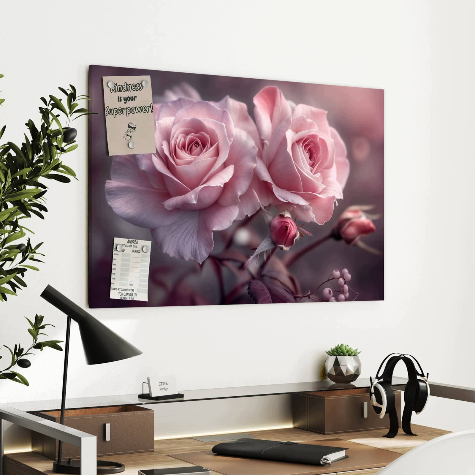 Magnetická tabule – obraz na zeď Větvička s růžovým květem | 90 × 60 cm