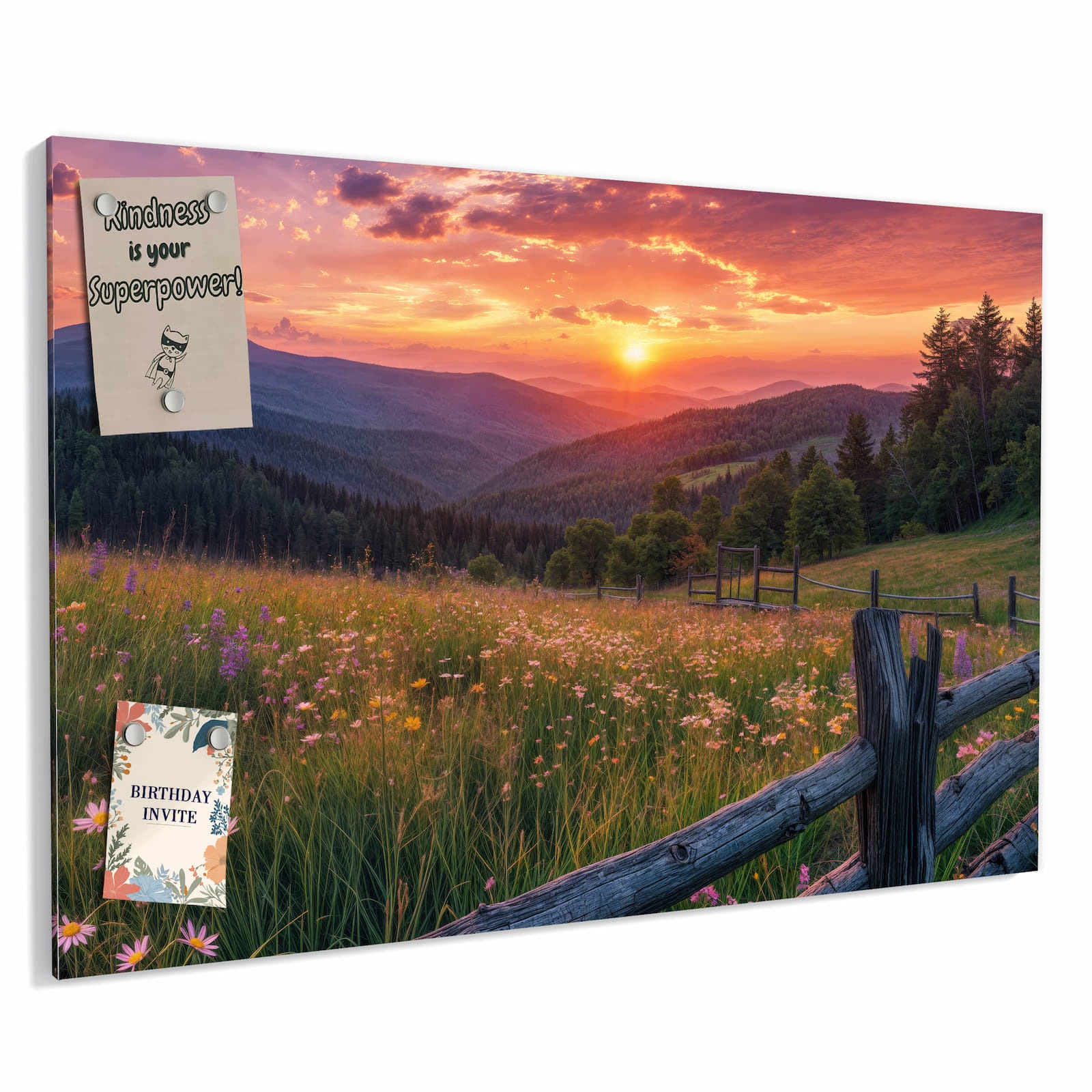 Magnetická tabule – obraz na zeď Květinová louka s dřevěným plotem | 60 × 40 cm
