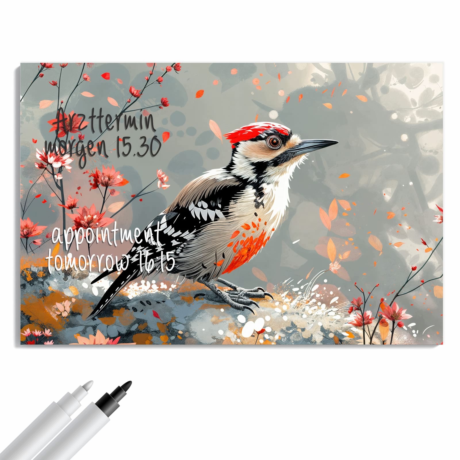 Magnetická tabule – obraz na zeď Datel mezi květinami | 60 × 40 cm