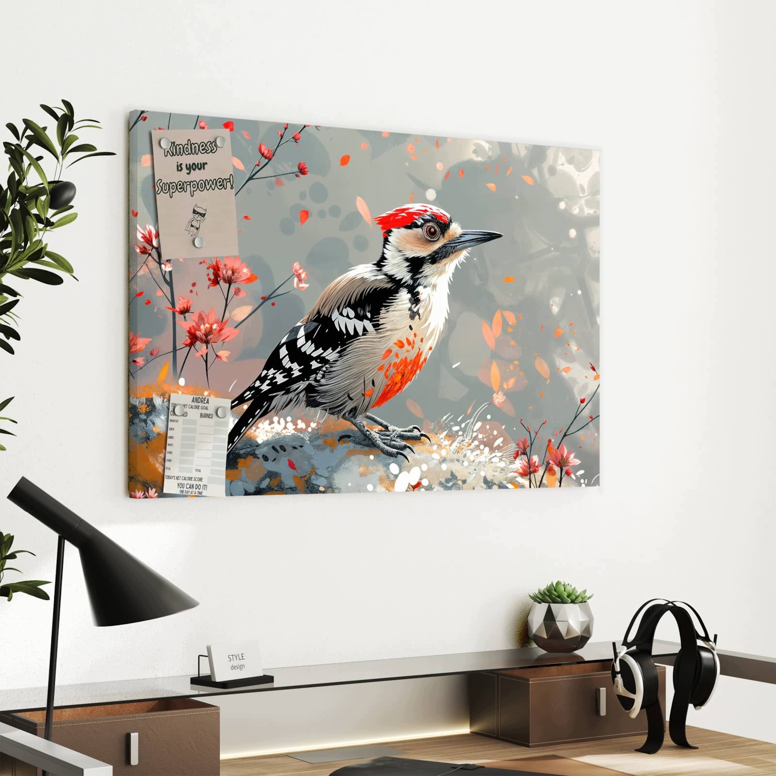 Magnetická tabule – obraz na zeď Datel mezi květinami | 60 × 40 cm