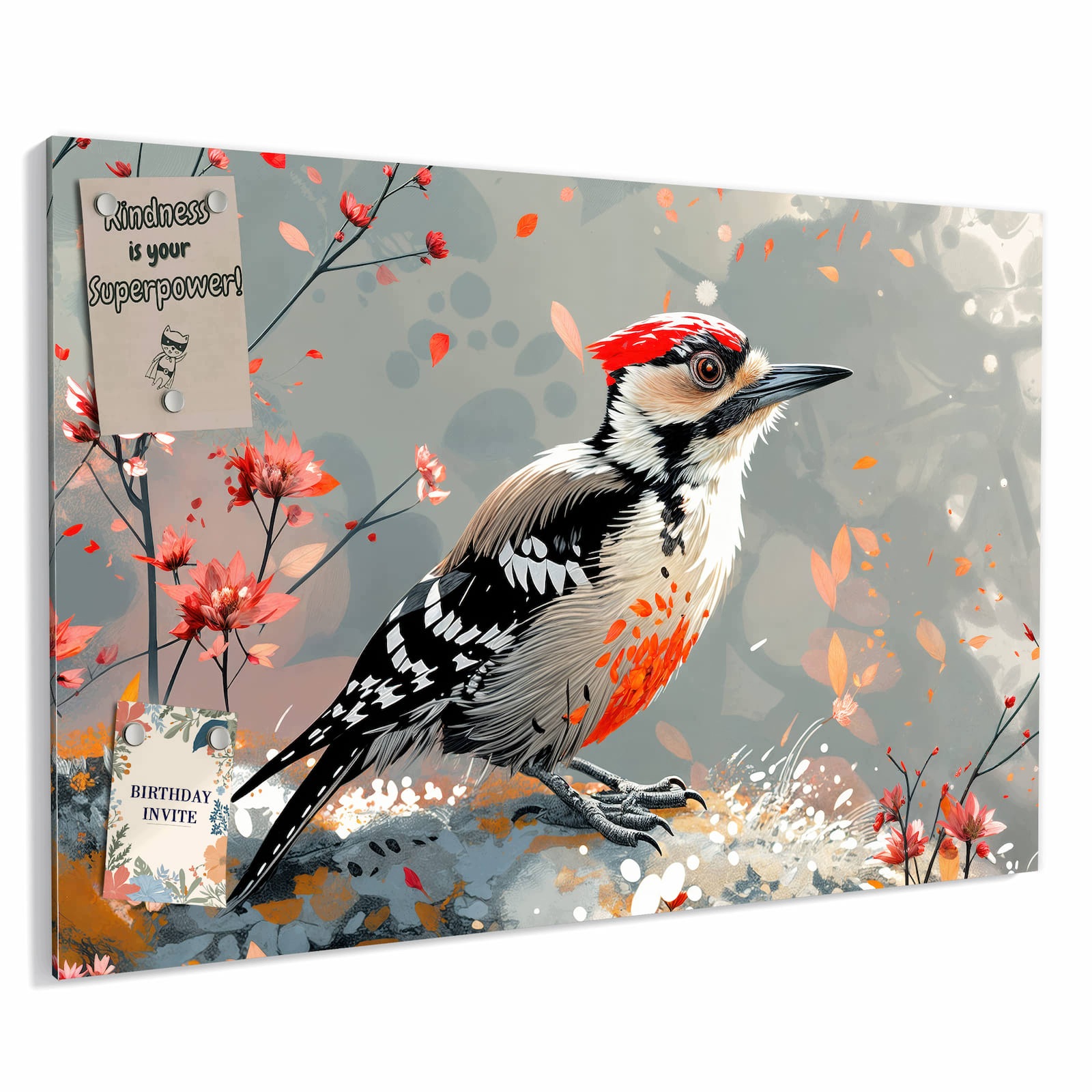 Magnetická tabule – obraz na zeď Datel mezi květinami | 90 × 60 cm