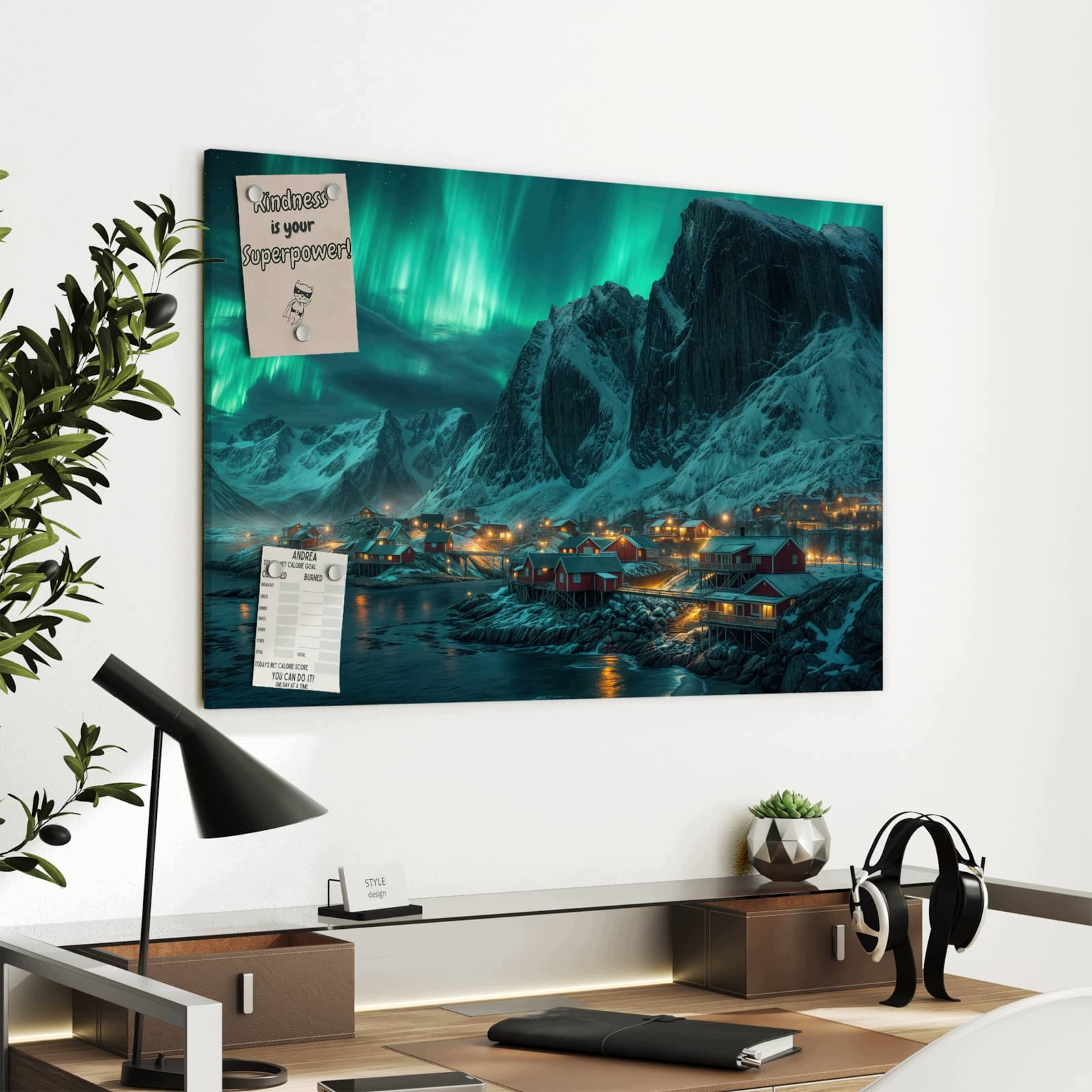 Magnetická tabule – obraz na zeď Polární záře nad fjordem | 90 × 60 cm