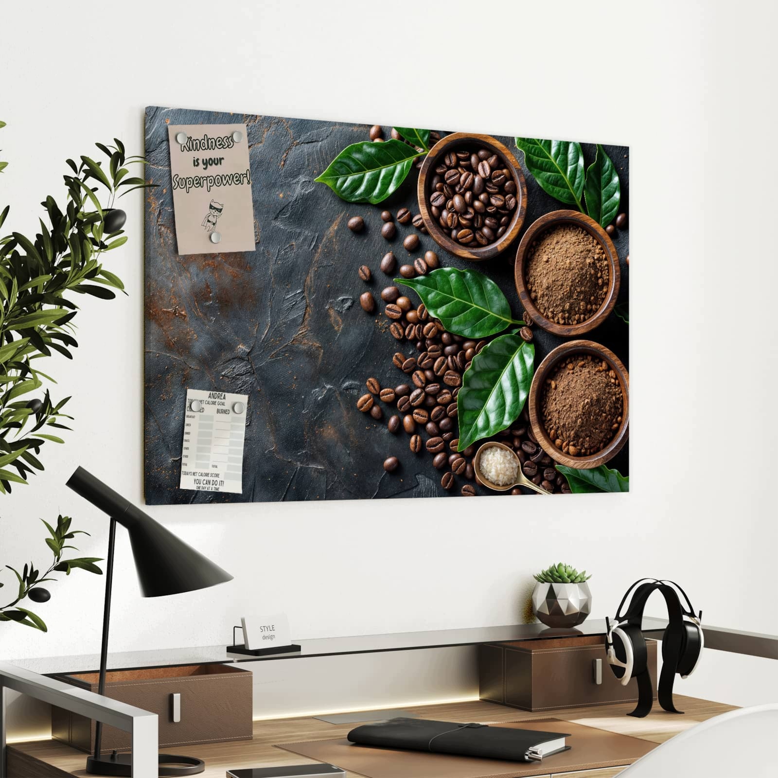 Magnetická tabule – obraz na zeď Zrna kávy a listy | 90 × 60 cm