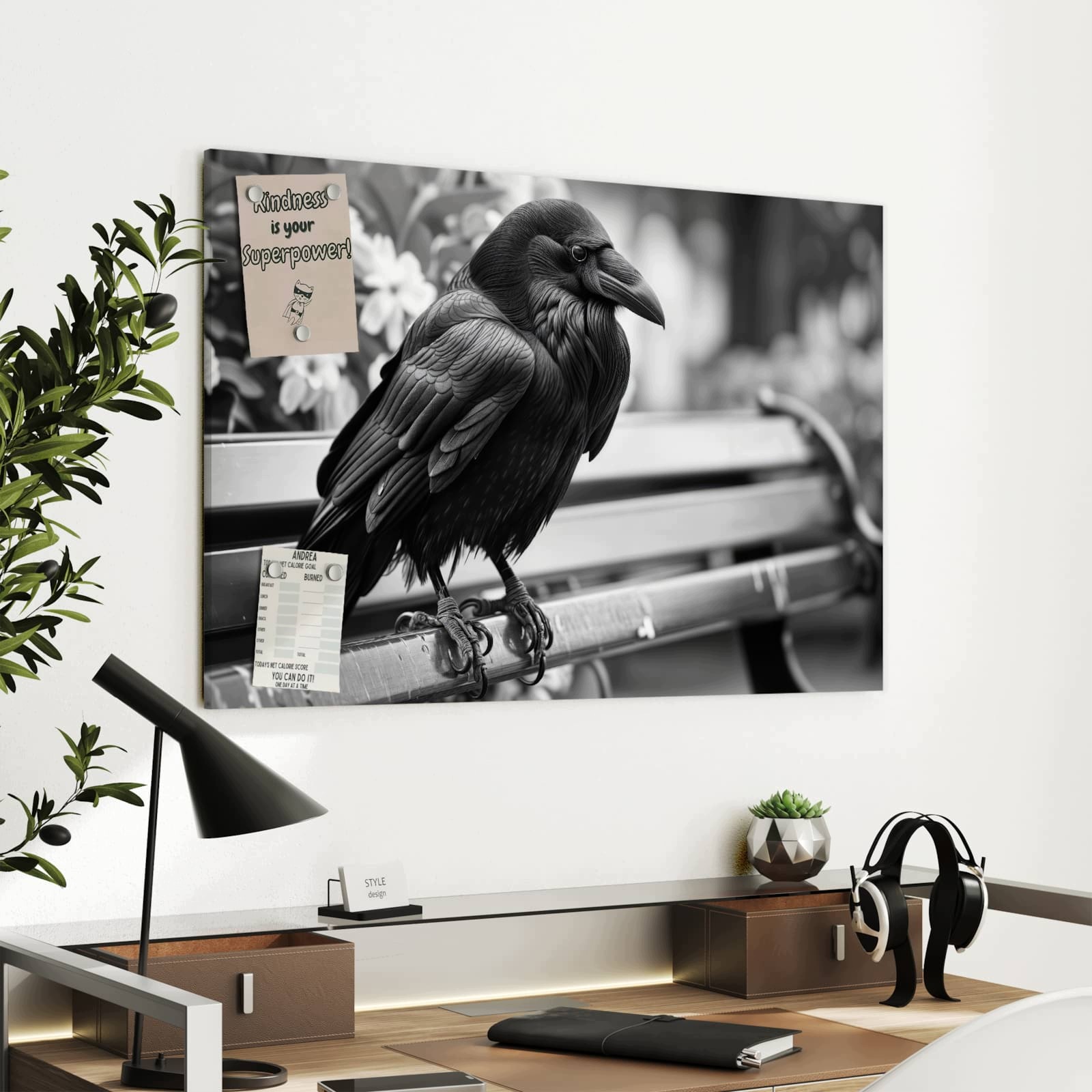 Magnetická tabule – obraz na zeď Havran lavička | 90 × 60 cm