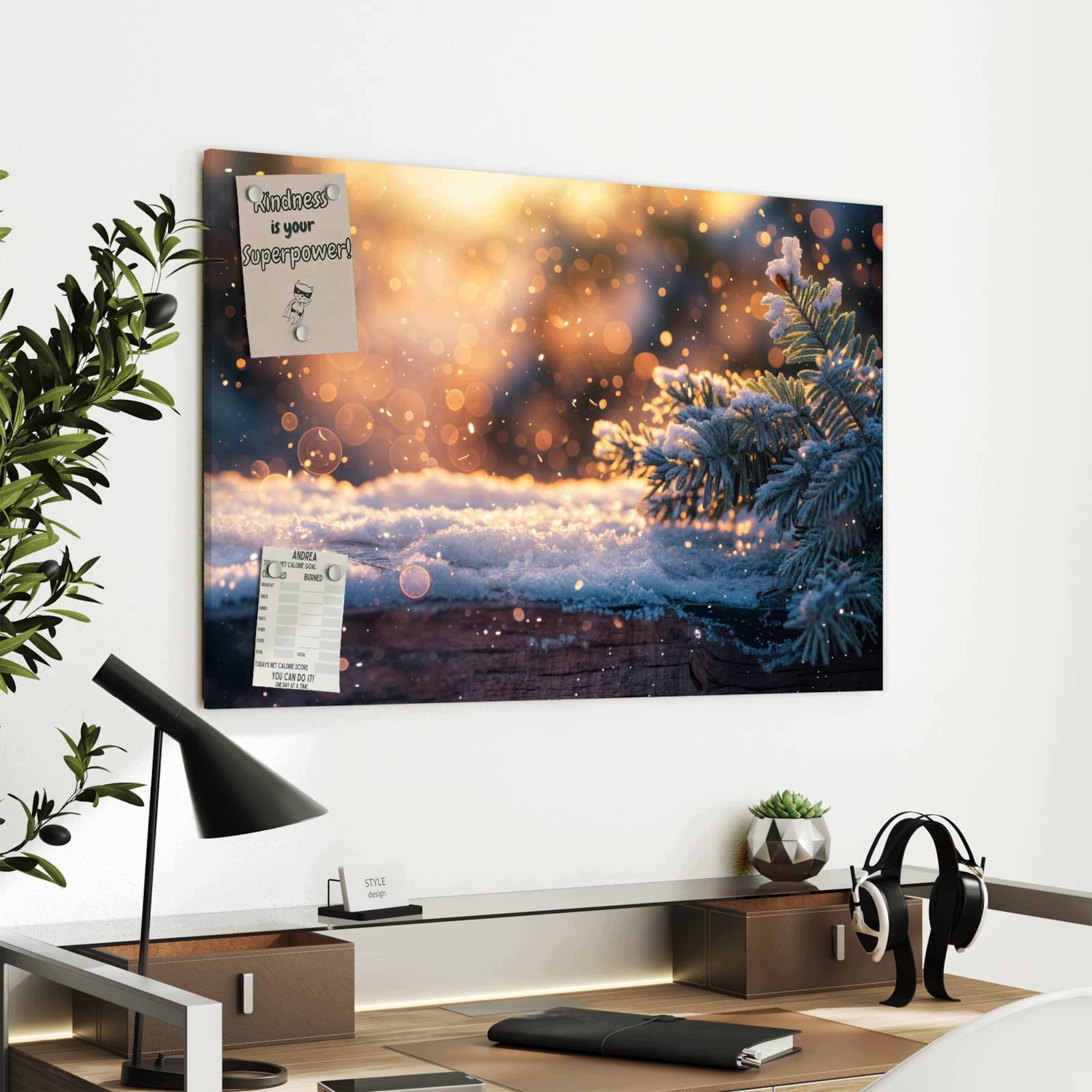 Magnetická tabule – obraz na zeď Zimní větvička ve sněhu | 90 × 60 cm