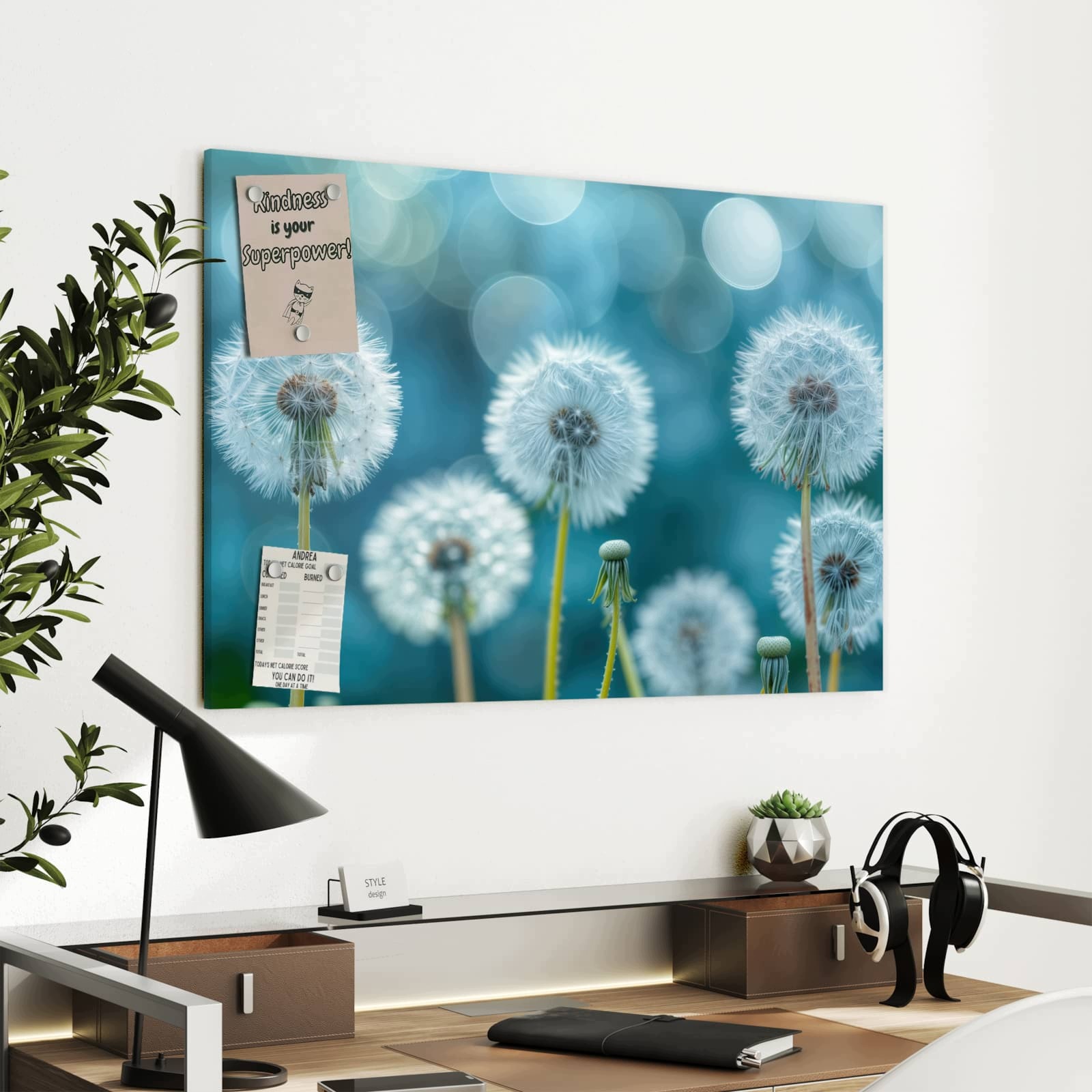 Magnetická tabule – obraz na zeď Louka s pampeliškou | 90 × 60 cm
