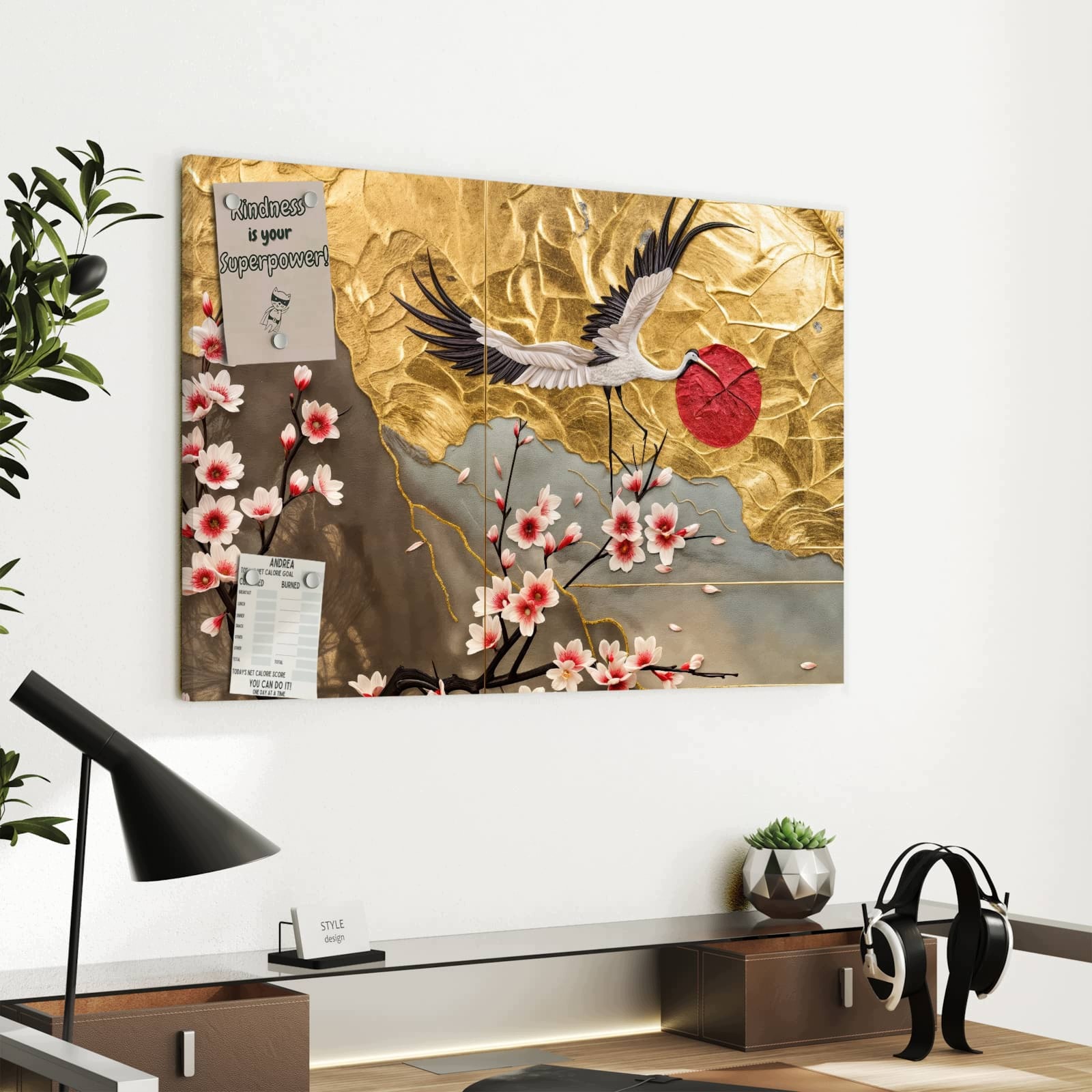 Magnetická tabule – obraz na zeď Květiny a jeřábi | 60 × 40 cm