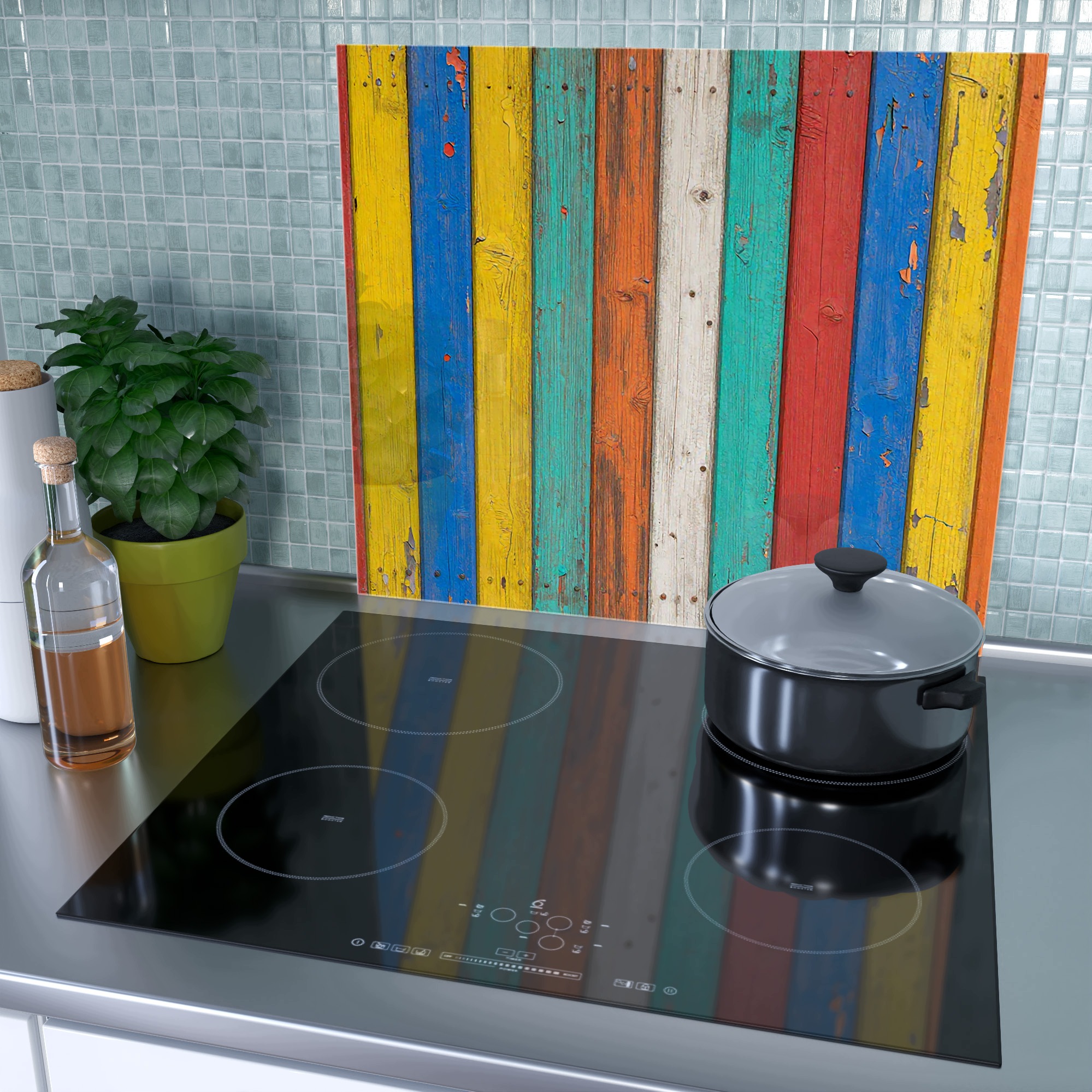 Skleněná ochranná deska za sporák a linku – Barevná prkna | 60 × 52 cm