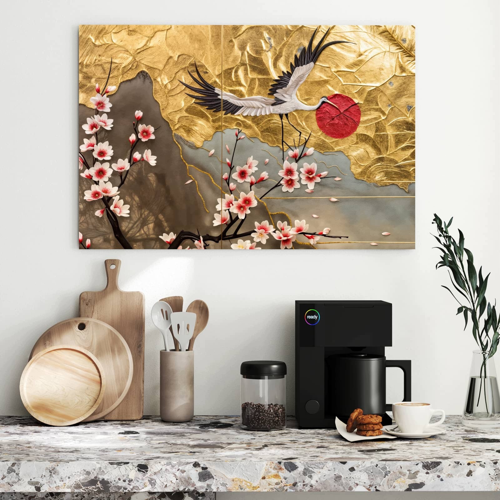 Magnetická tabule – obraz na zeď Květiny a jeřábi | 90 × 60 cm
