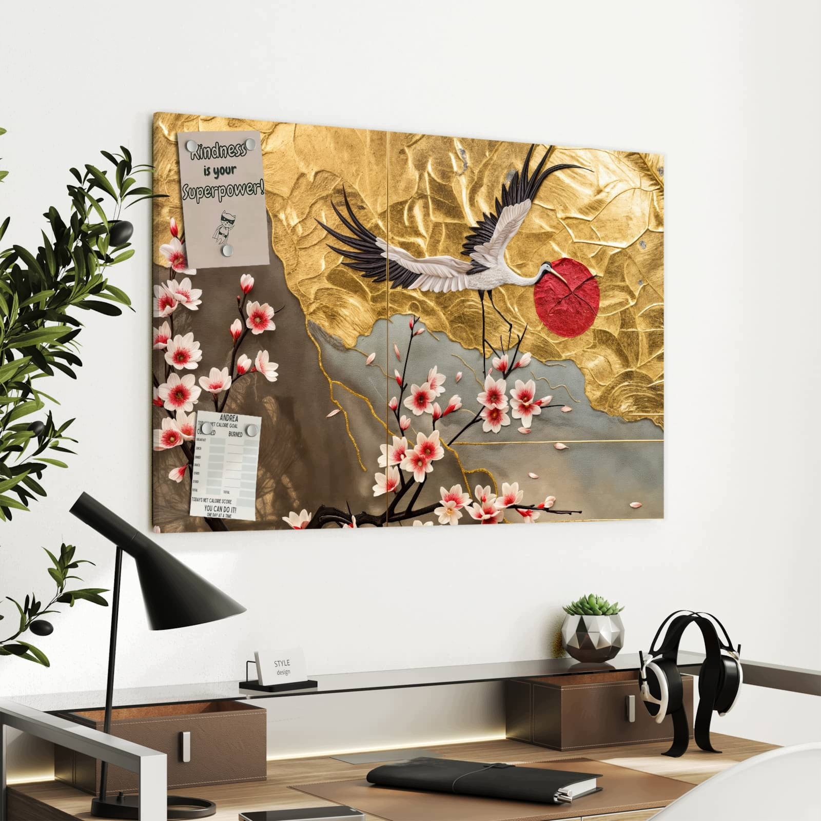 Magnetická tabule – obraz na zeď Květiny a jeřábi | 90 × 60 cm