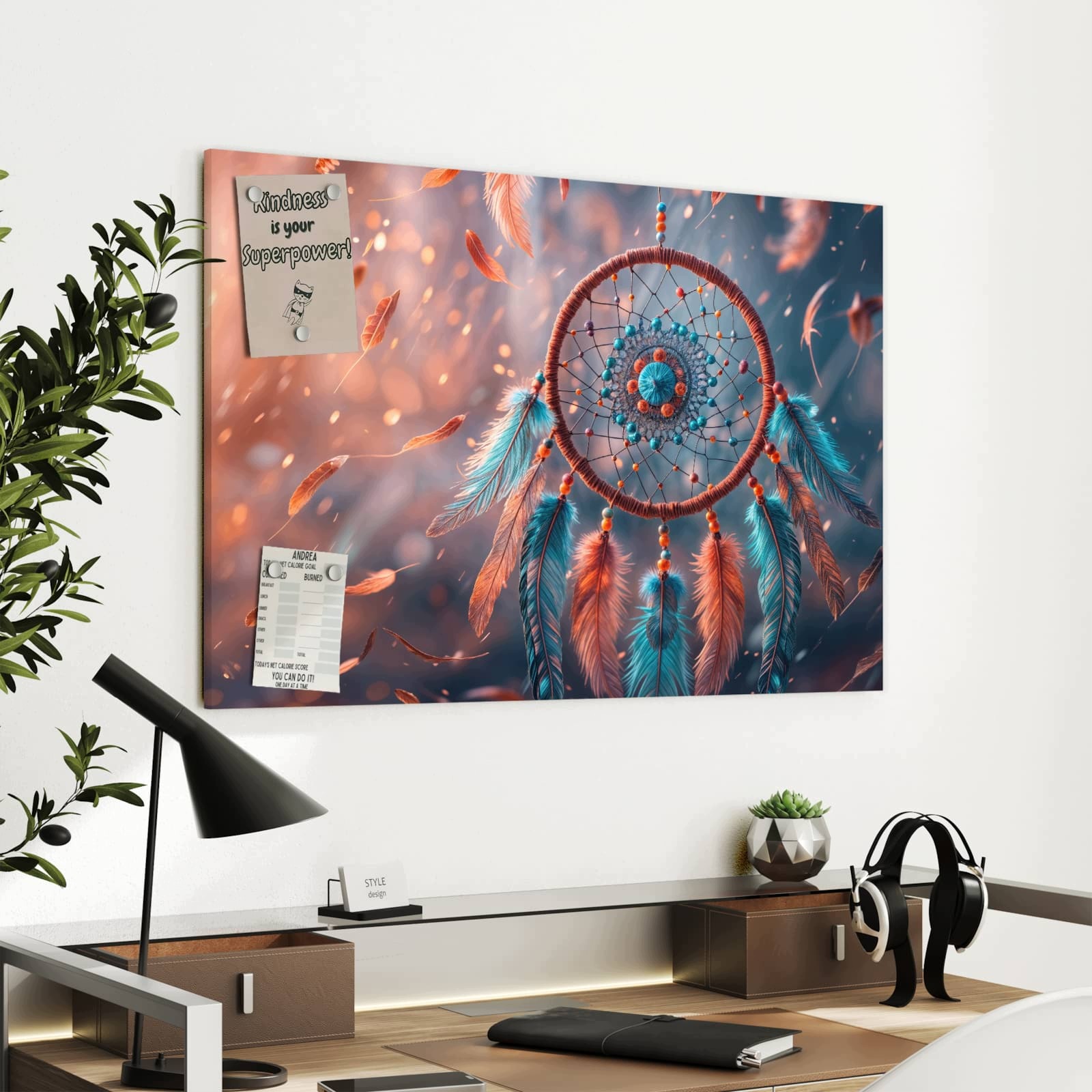 Magnetická tabule – obraz na zeď Lapač snů s peřím | 90 × 60 cm