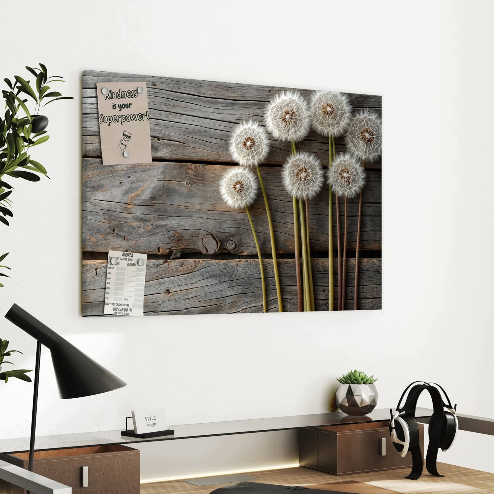 Magnetická tabule – obraz na zeď Pampelišky na dřevěném pozadí | 60 × 40 cm