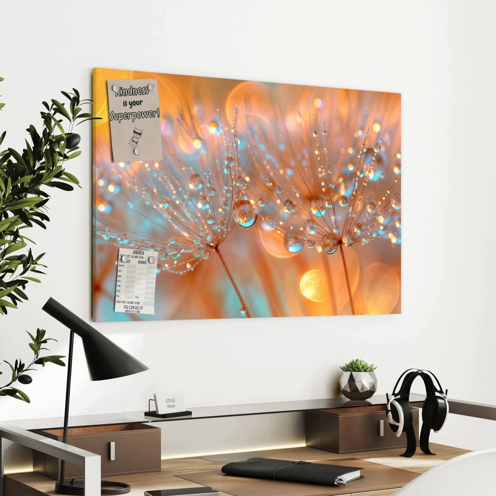 Magnetická tabule – obraz na zeď Pampelišky kapka | 90 × 60 cm