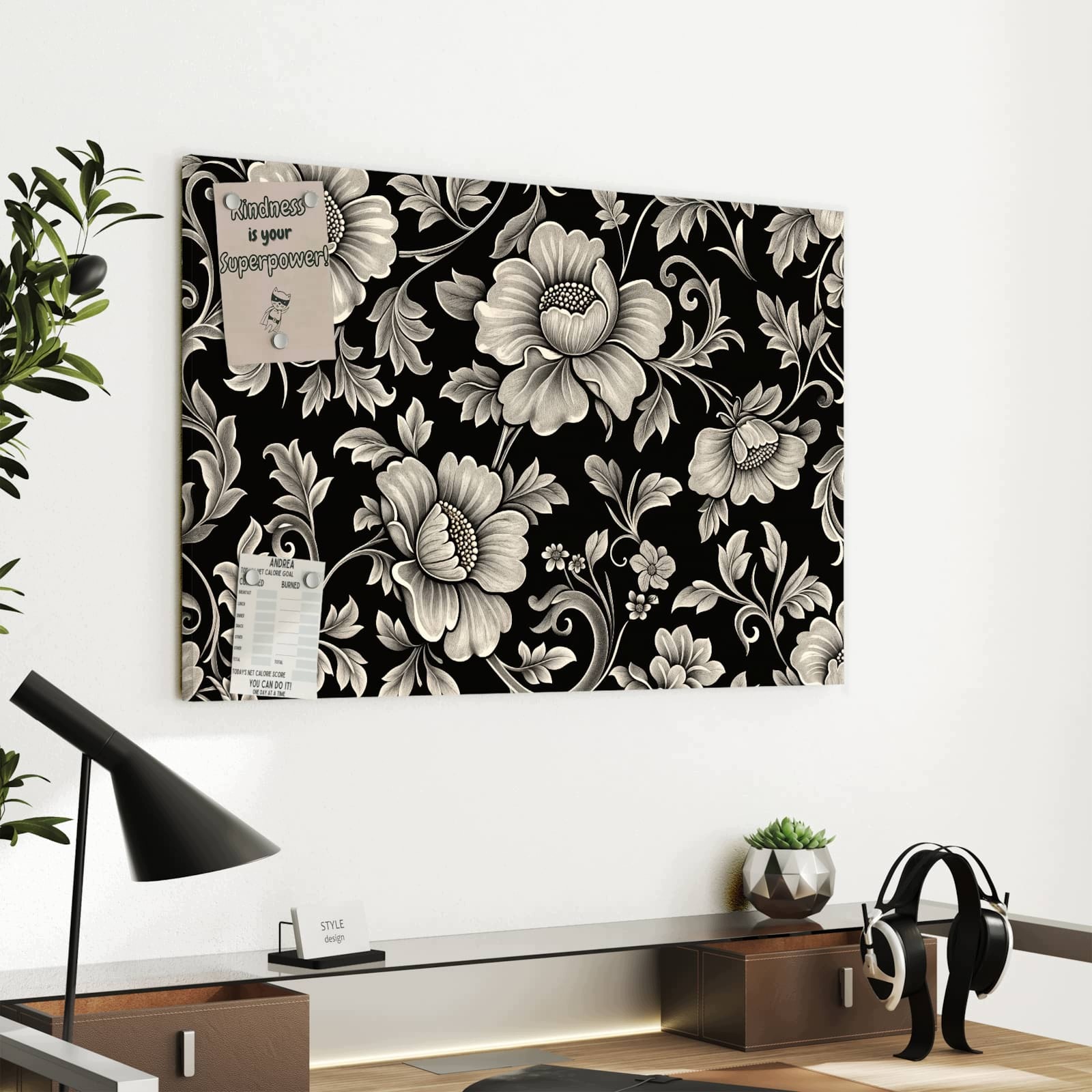 Magnetická tabule – obraz na zeď Černý květinový vzor | 60 × 40 cm