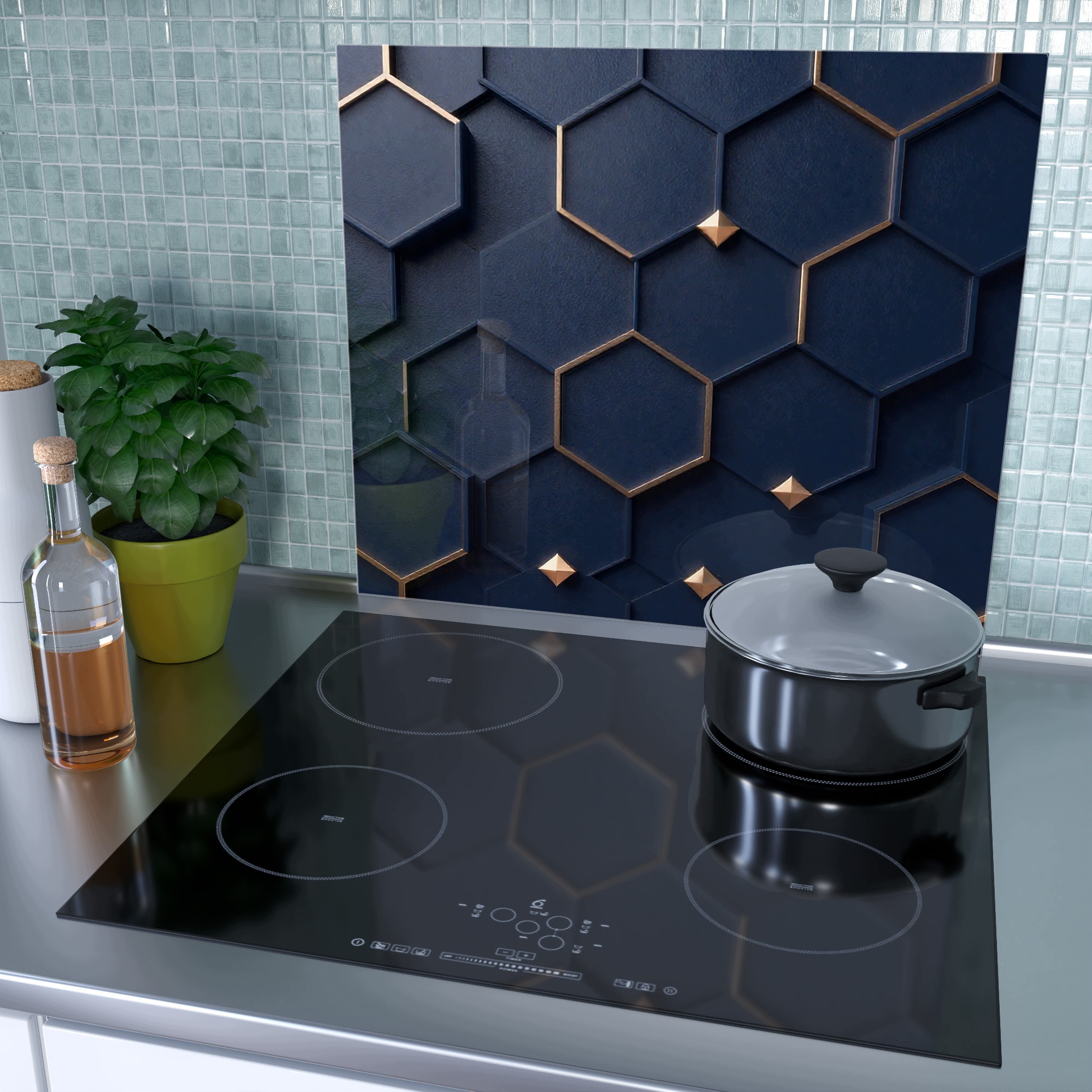 Skleněná ochranná deska za sporák a linku – Tmavě modré hexagony | 60 × 52 cm