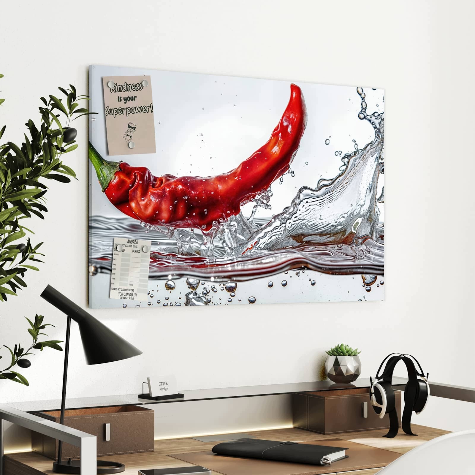 Magnetická tabule – obraz na zeď Chilli ve vodě – motiv 1 | 90 × 60 cm