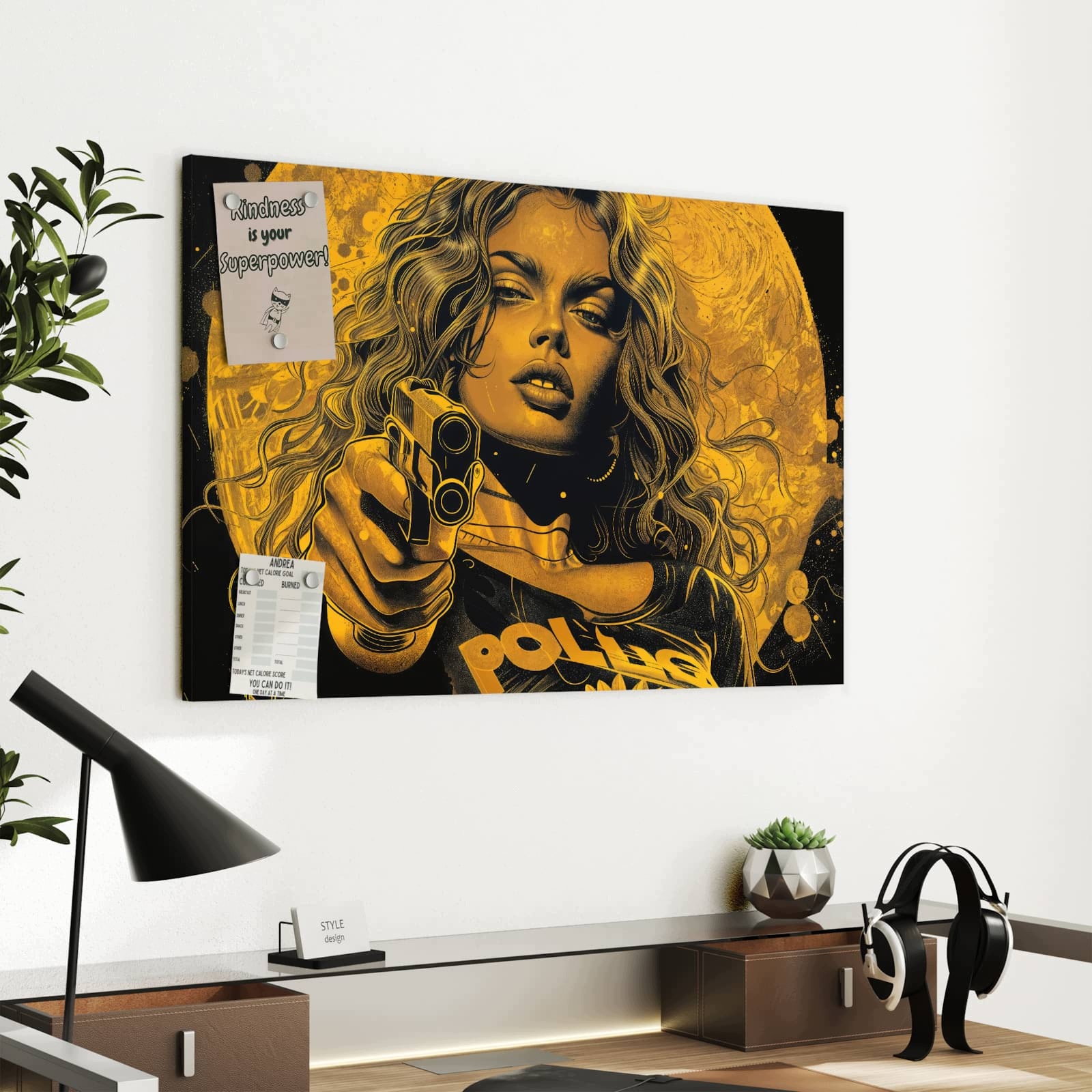 Magnetická tabule – obraz na zeď Žena s pistolí umění | 60 × 40 cm