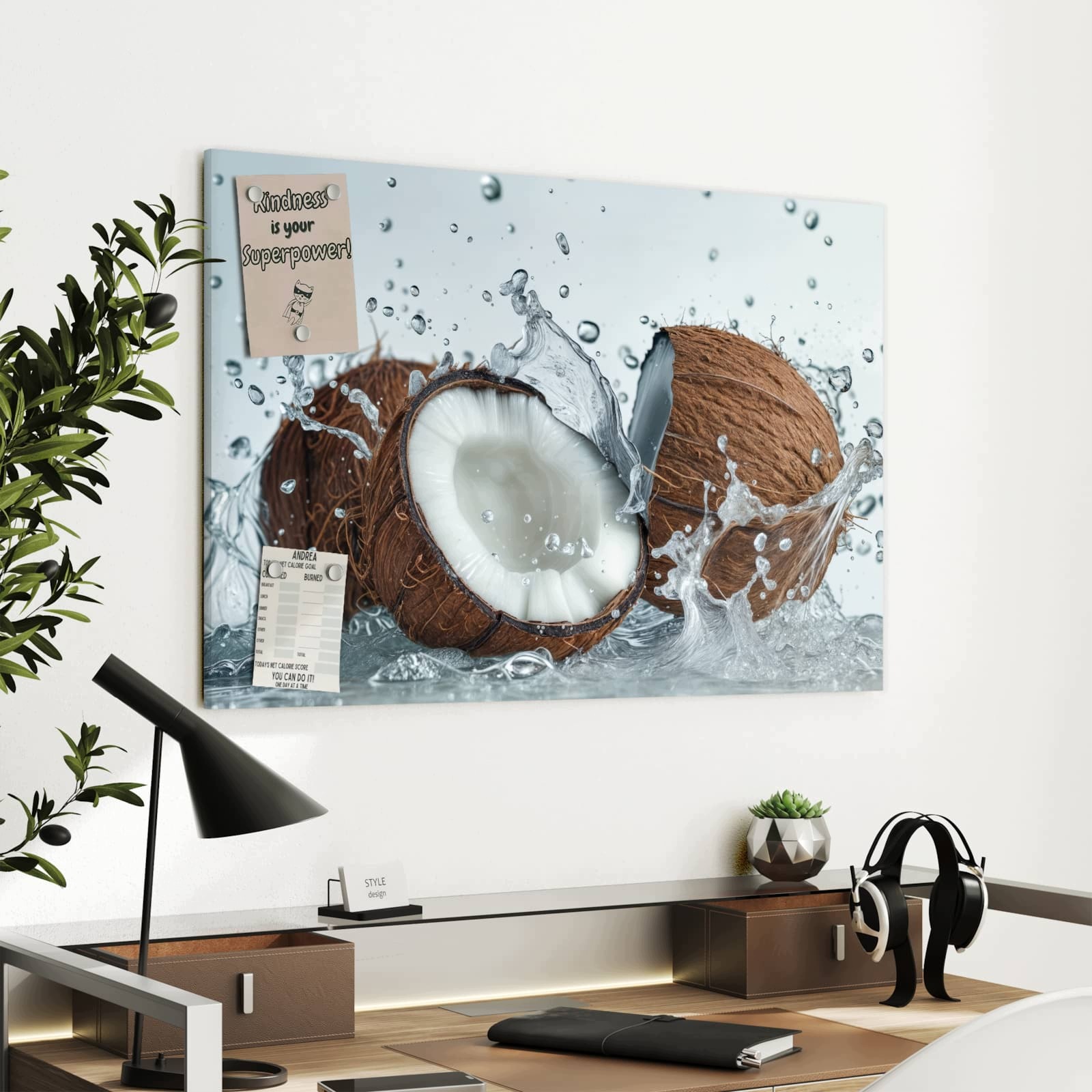 Magnetická tabule – obraz na zeď Kokos a šplouchnutí vody | 90 × 60 cm