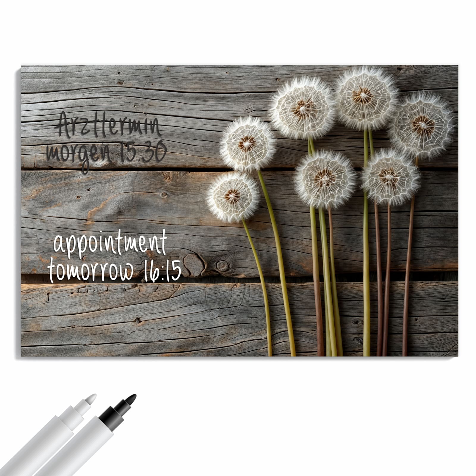 Magnetická tabule – obraz na zeď Pampelišky na dřevěném pozadí | 90 × 60 cm