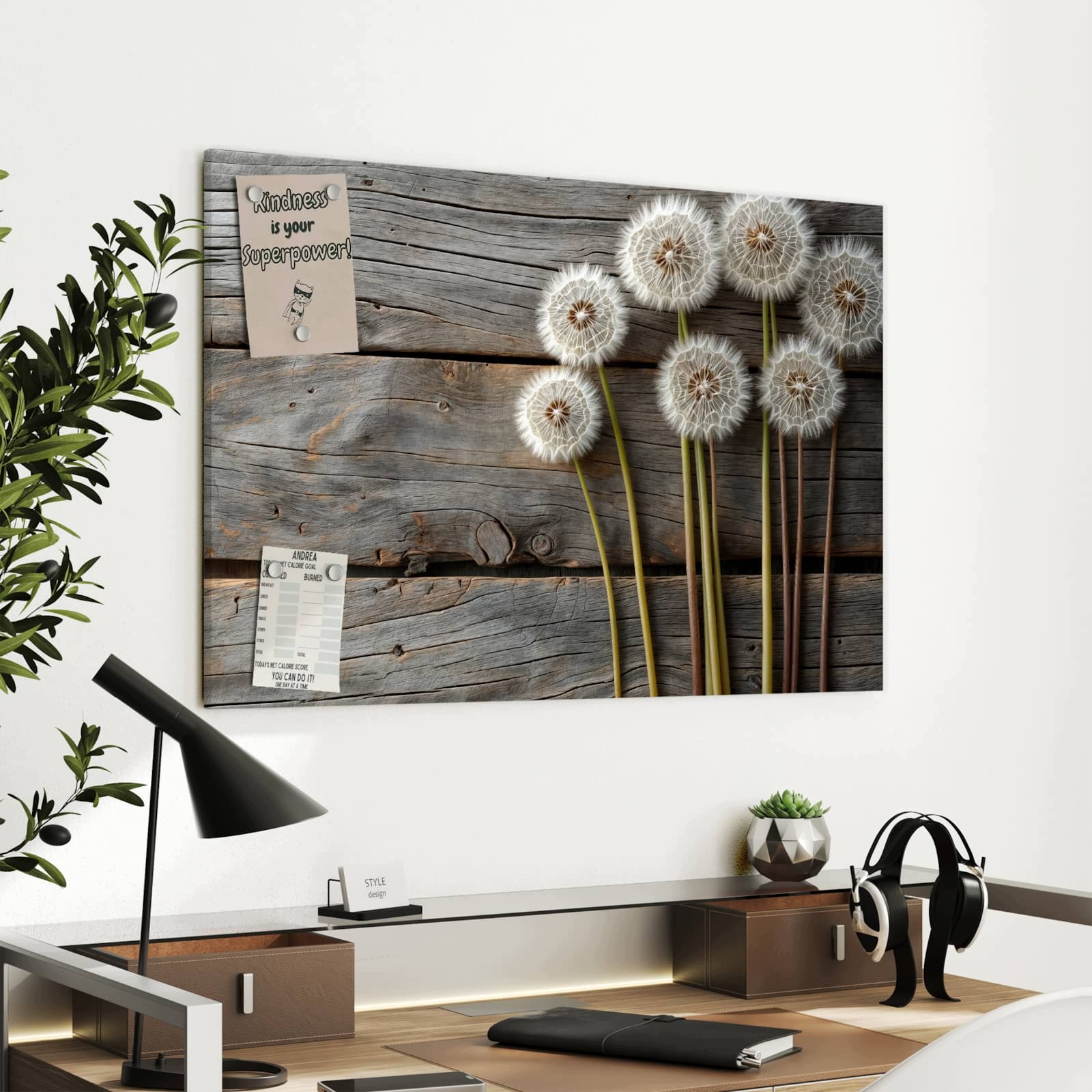 Magnetická tabule – obraz na zeď Pampelišky na dřevěném pozadí | 90 × 60 cm