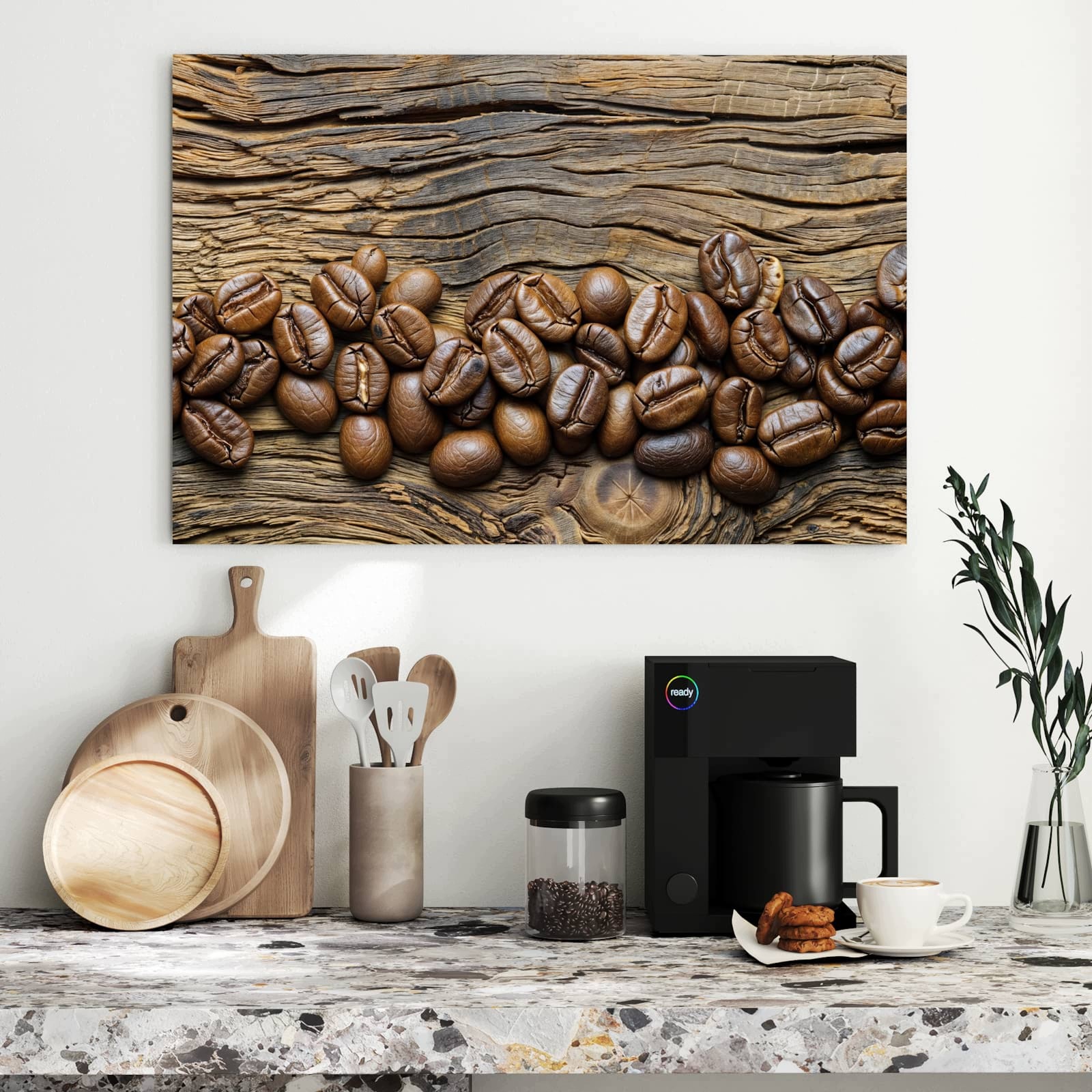 Magnetická tabule – obraz na zeď Zrnka kávy na dřevě – motiv 1 | 90 × 60 cm