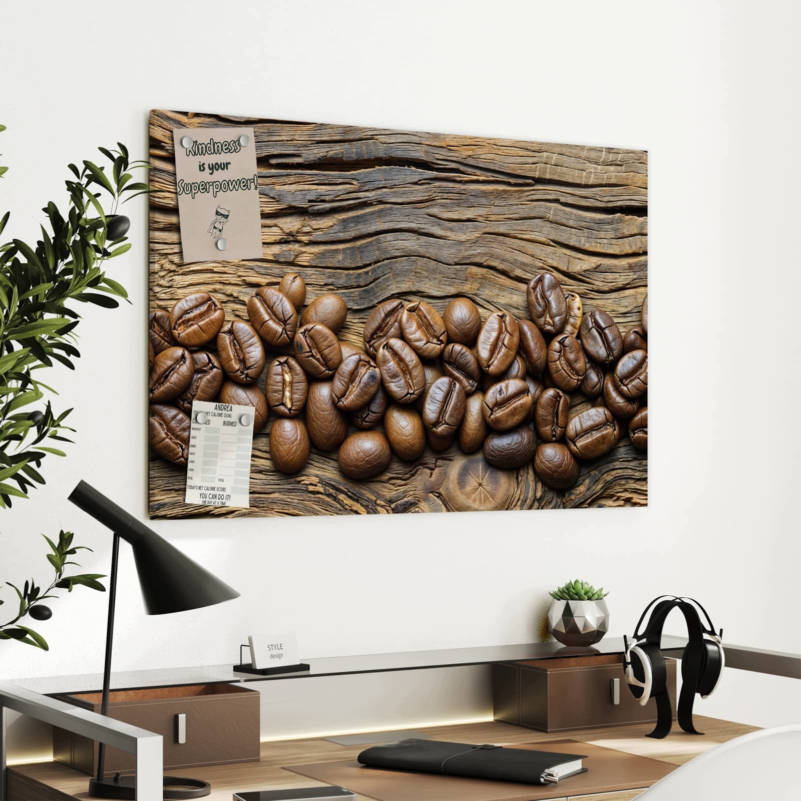 Magnetická tabule – obraz na zeď Zrnka kávy na dřevě – motiv 1 | 90 × 60 cm