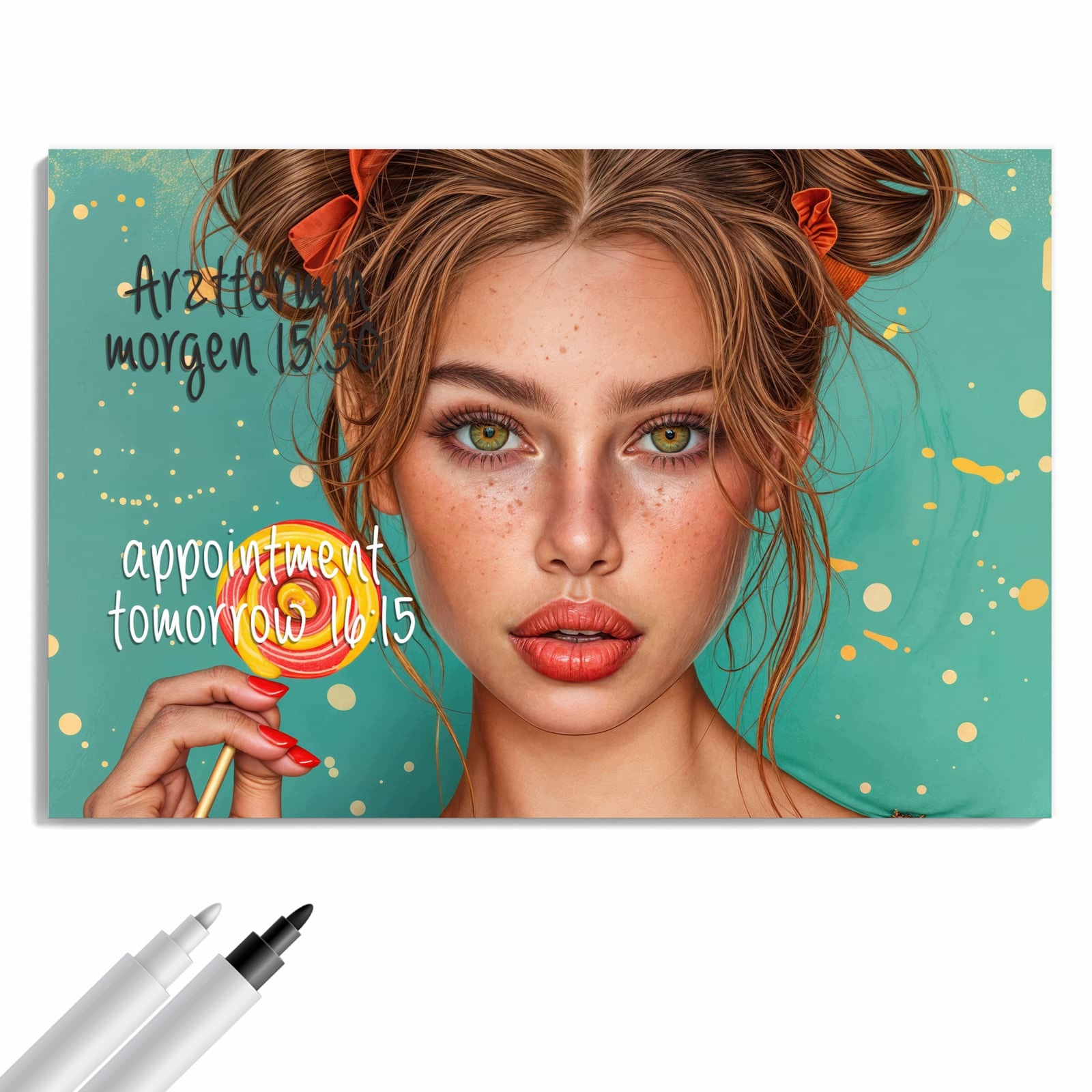 Magnetická tabule – obraz na zeď Žena s lízátkem | 90 × 60 cm