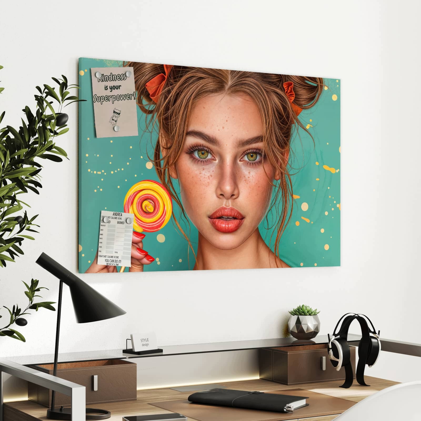Magnetická tabule – obraz na zeď Žena s lízátkem | 90 × 60 cm