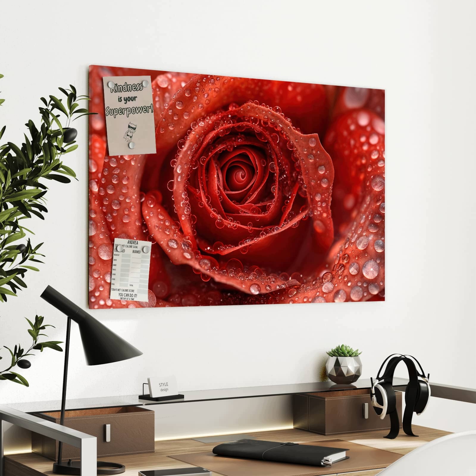 Magnetická tabule – obraz na zeď Kapky vody na růži | 90 × 60 cm