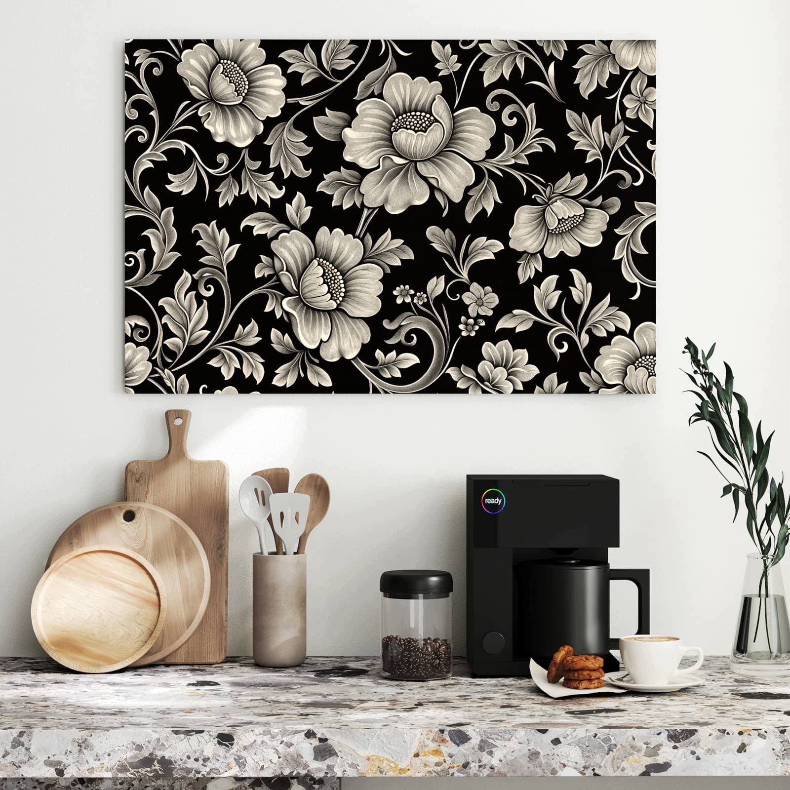 Magnetická tabule – obraz na zeď Černý květinový vzor | 90 × 60 cm