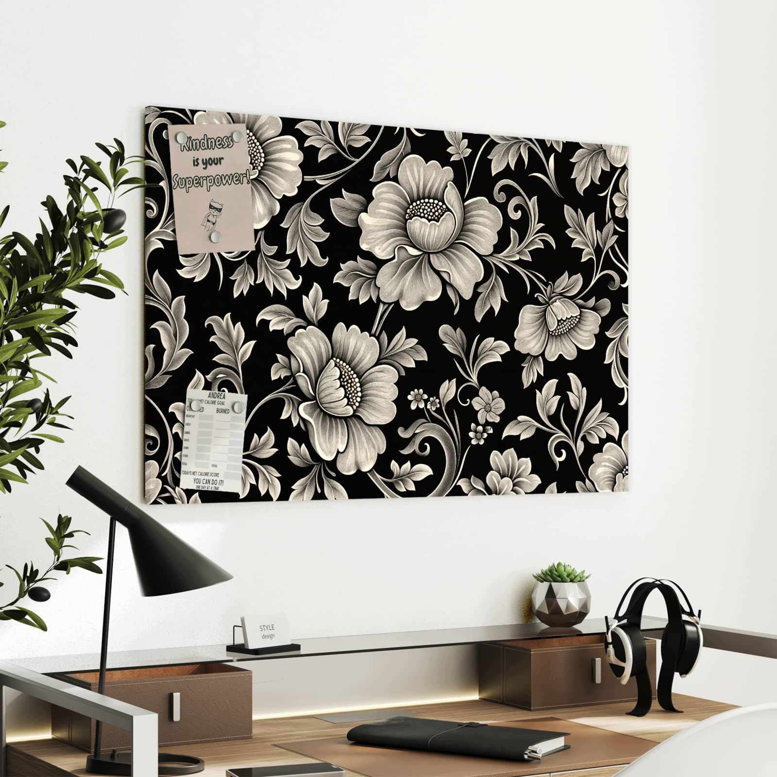 Magnetická tabule – obraz na zeď Černý květinový vzor | 90 × 60 cm