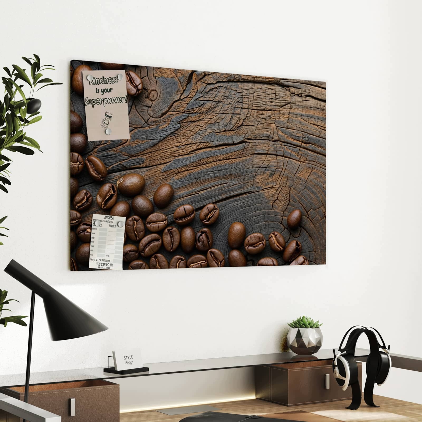 Magnetická tabule – obraz na zeď Zrnka kávy na dřevě – motiv 2 | 60 × 40 cm