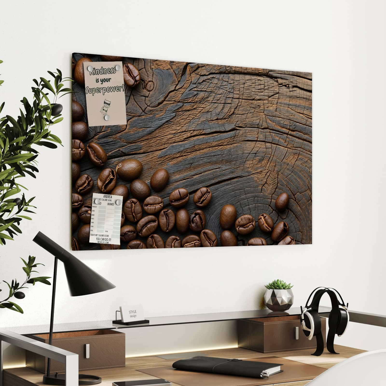 Magnetická tabule – obraz na zeď Zrnka kávy na dřevě – motiv 2 | 90 × 60 cm