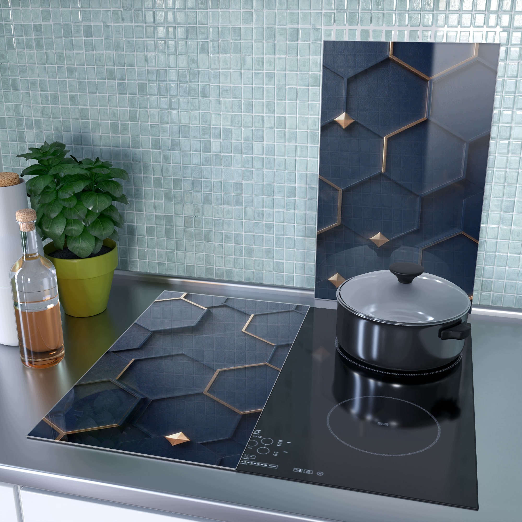 Skleněná ochranná deska za sporák a linku – Tmavě modré hexagony | 2 × 30 × 52 cm (sada 2 ks)