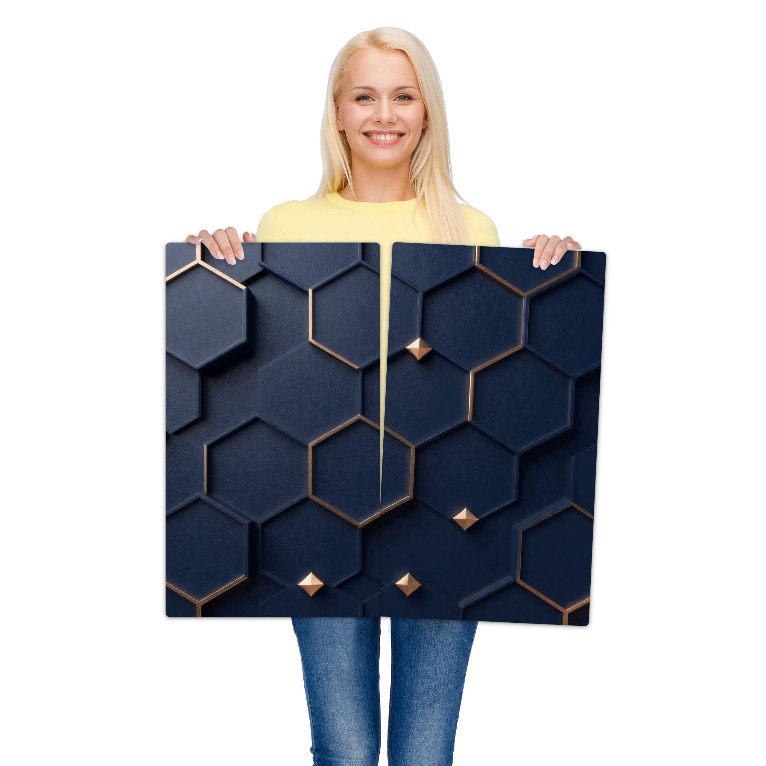 Skleněná ochranná deska za sporák a linku – Tmavě modré hexagony | 2 × 30 × 52 cm (sada 2 ks)
