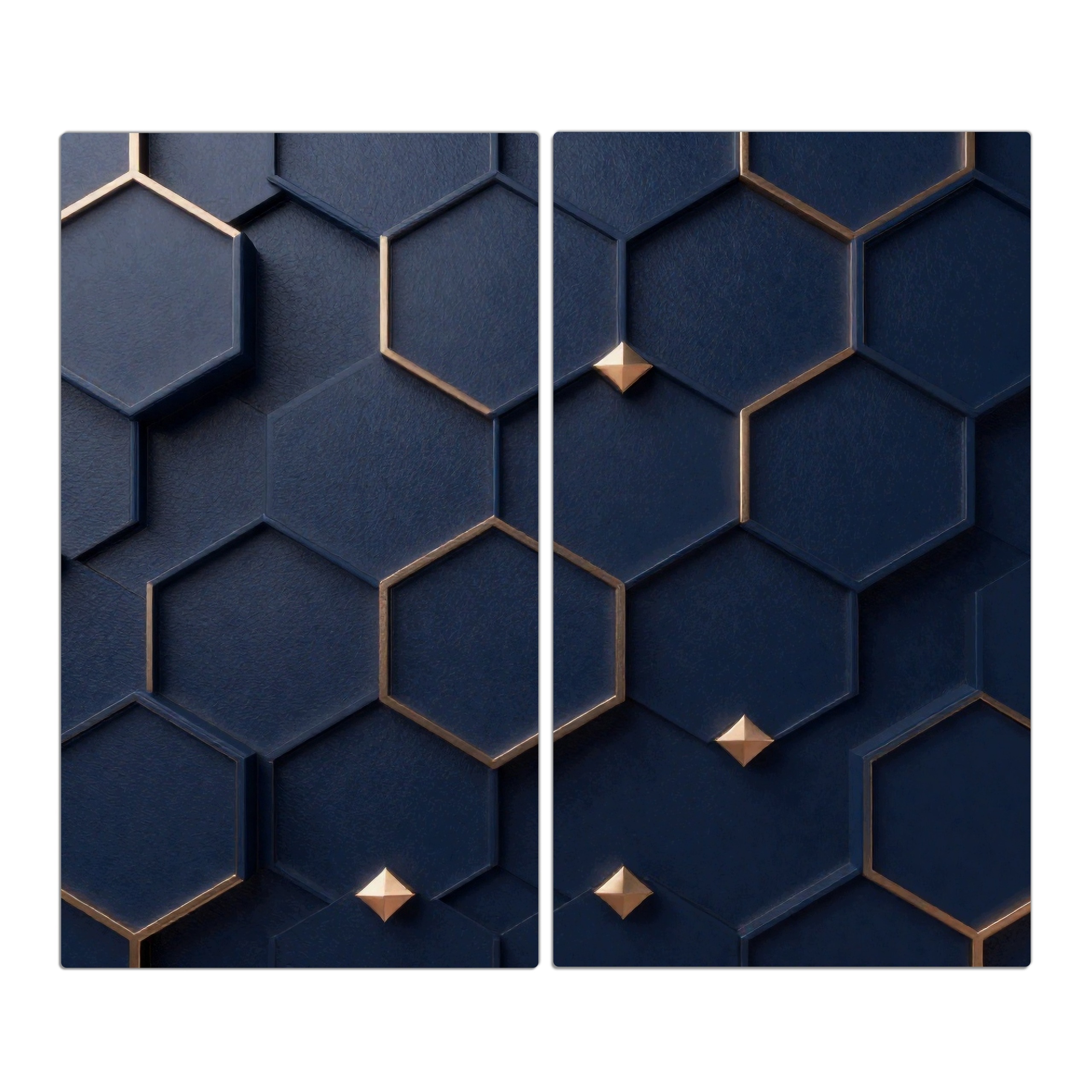 Skleněná ochranná deska za sporák a linku – Tmavě modré hexagony | 2 × 30 × 52 cm (sada 2 ks)