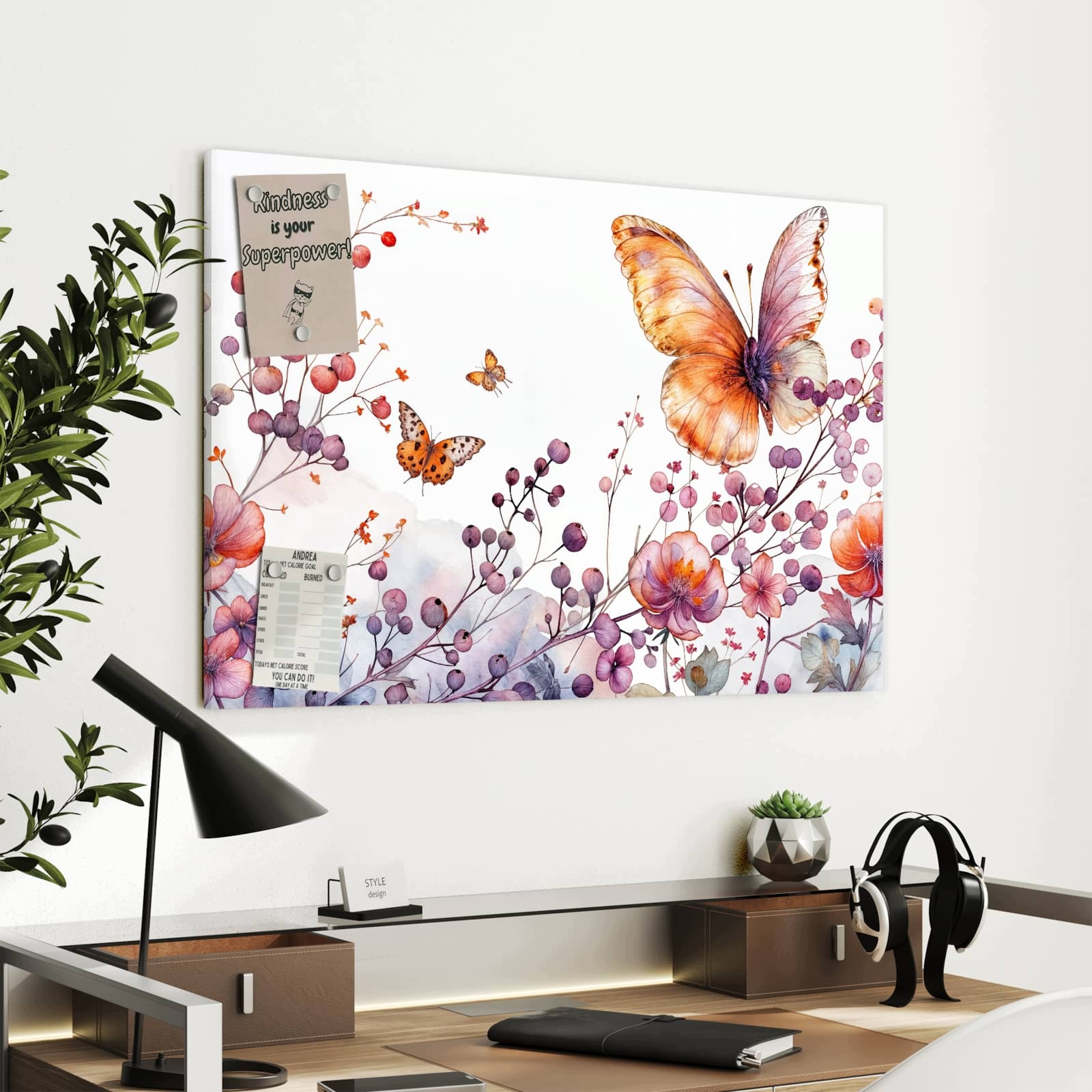 Magnetická tabule – obraz na zeď Květiny a motýli | 90 × 60 cm