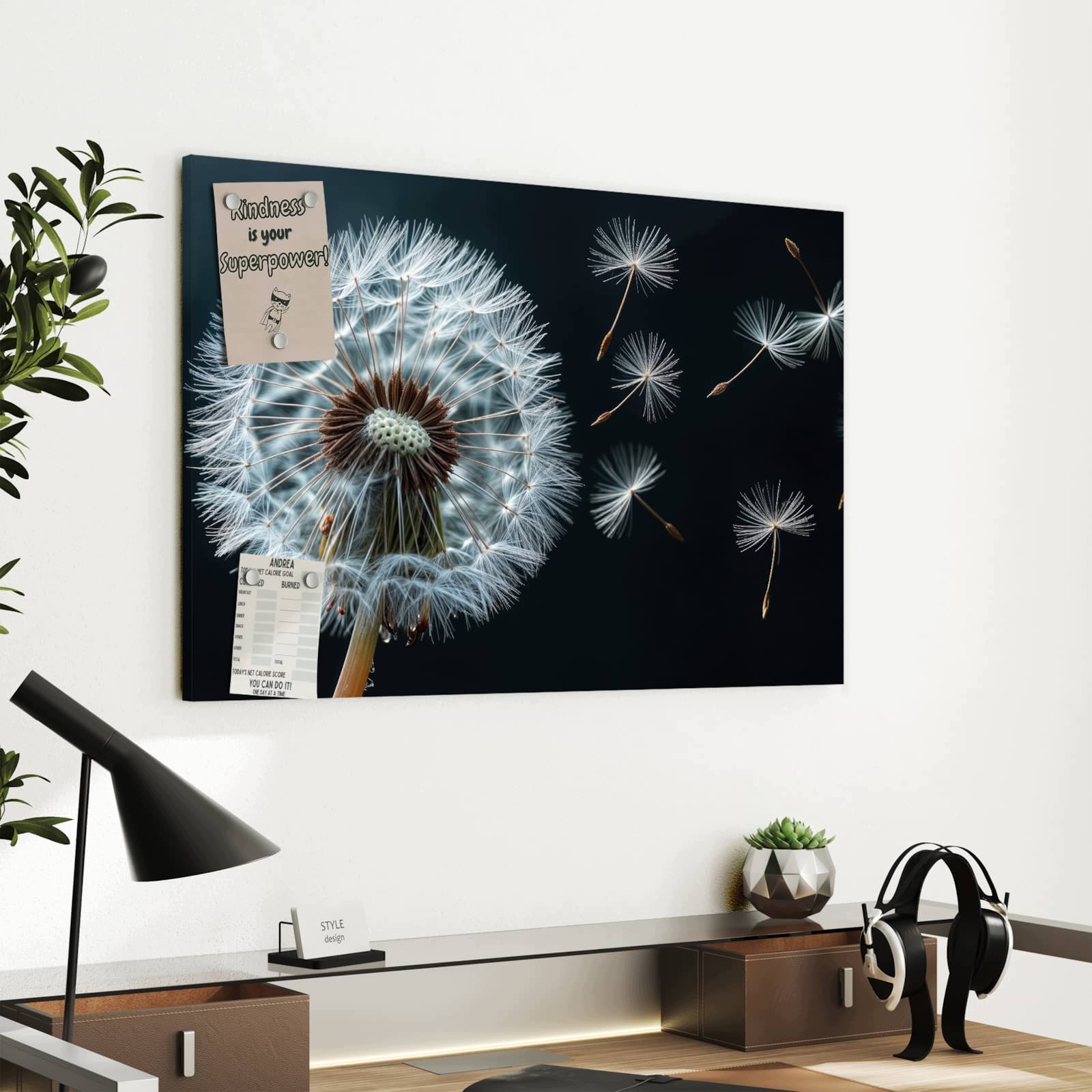 Magnetická tabule – obraz na zeď Pampeliška ve větru – motiv 2 | 60 × 40 cm