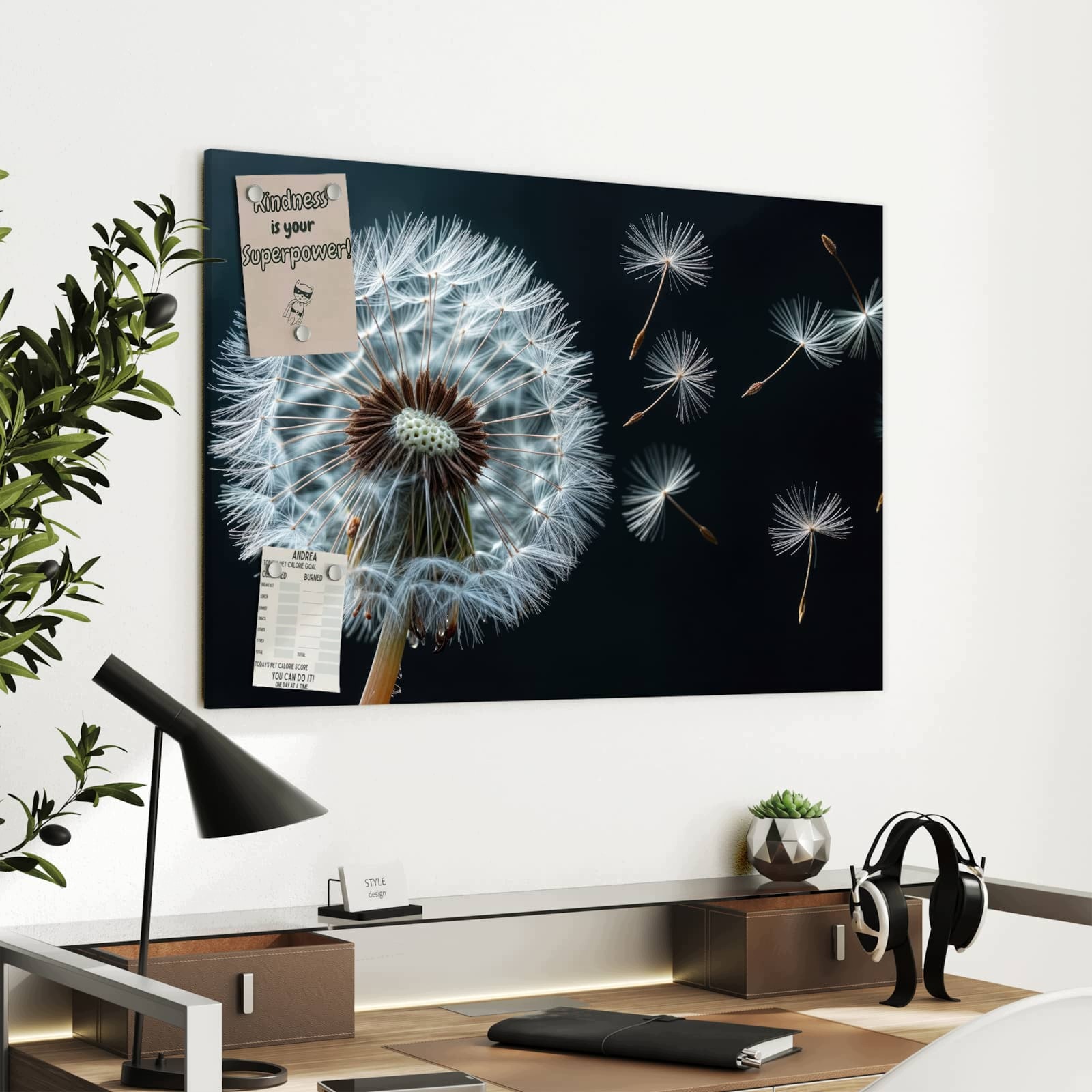 Magnetická tabule – obraz na zeď Pampeliška ve větru – motiv 2 | 90 × 60 cm