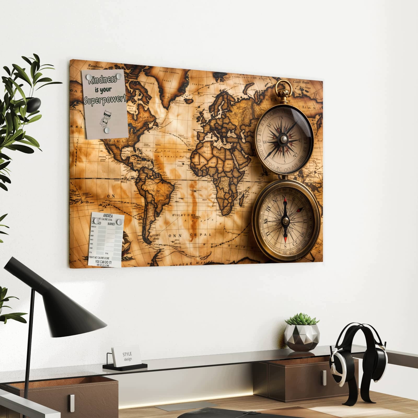 Magnetická tabule – obraz na zeď Vintage mapa světa s kompasem | 60 × 40 cm