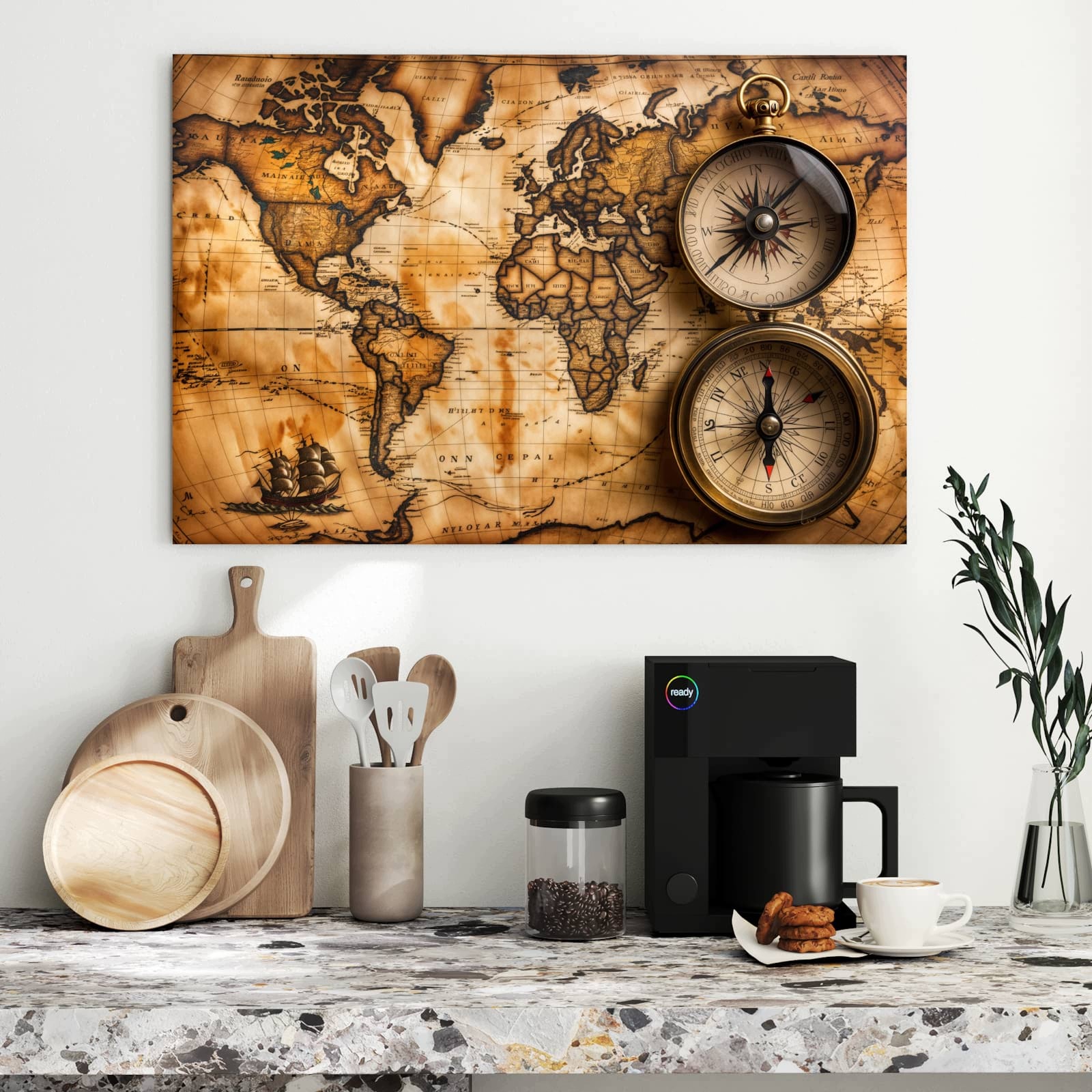Magnetická tabule – obraz na zeď Vintage mapa světa s kompasem | 90 × 60 cm