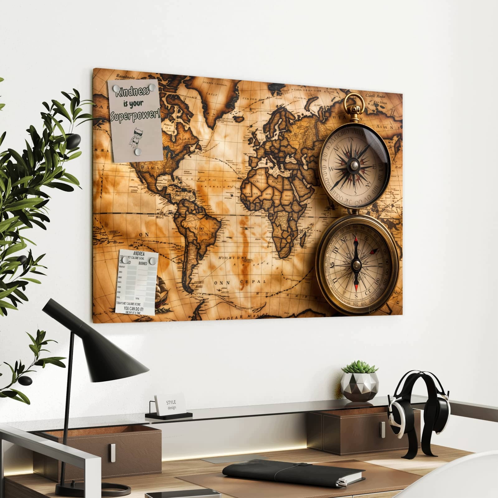 Magnetická tabule – obraz na zeď Vintage mapa světa s kompasem | 90 × 60 cm